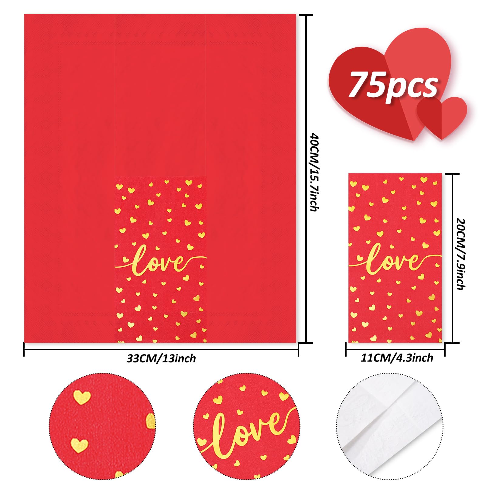 Whaline 75Pcs Valentine'S Day Guest Paper Napkins Red Pink Gold Foil 3 Ply Disposable Napkins Love Xoxo Kisses Dinner Hand Towel