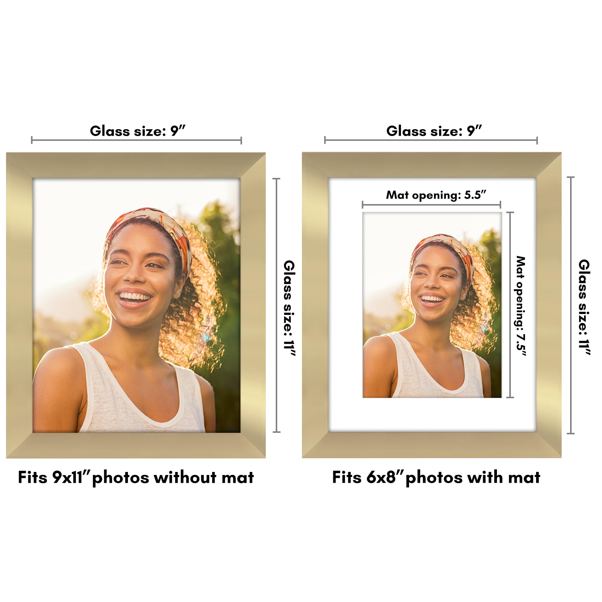 Americanflat 9x11 Picture Frame with Shatter-Resistant Glass - Use as 6x8 Frame with Mat or Display 9x11 Photo Without Mat - Hud