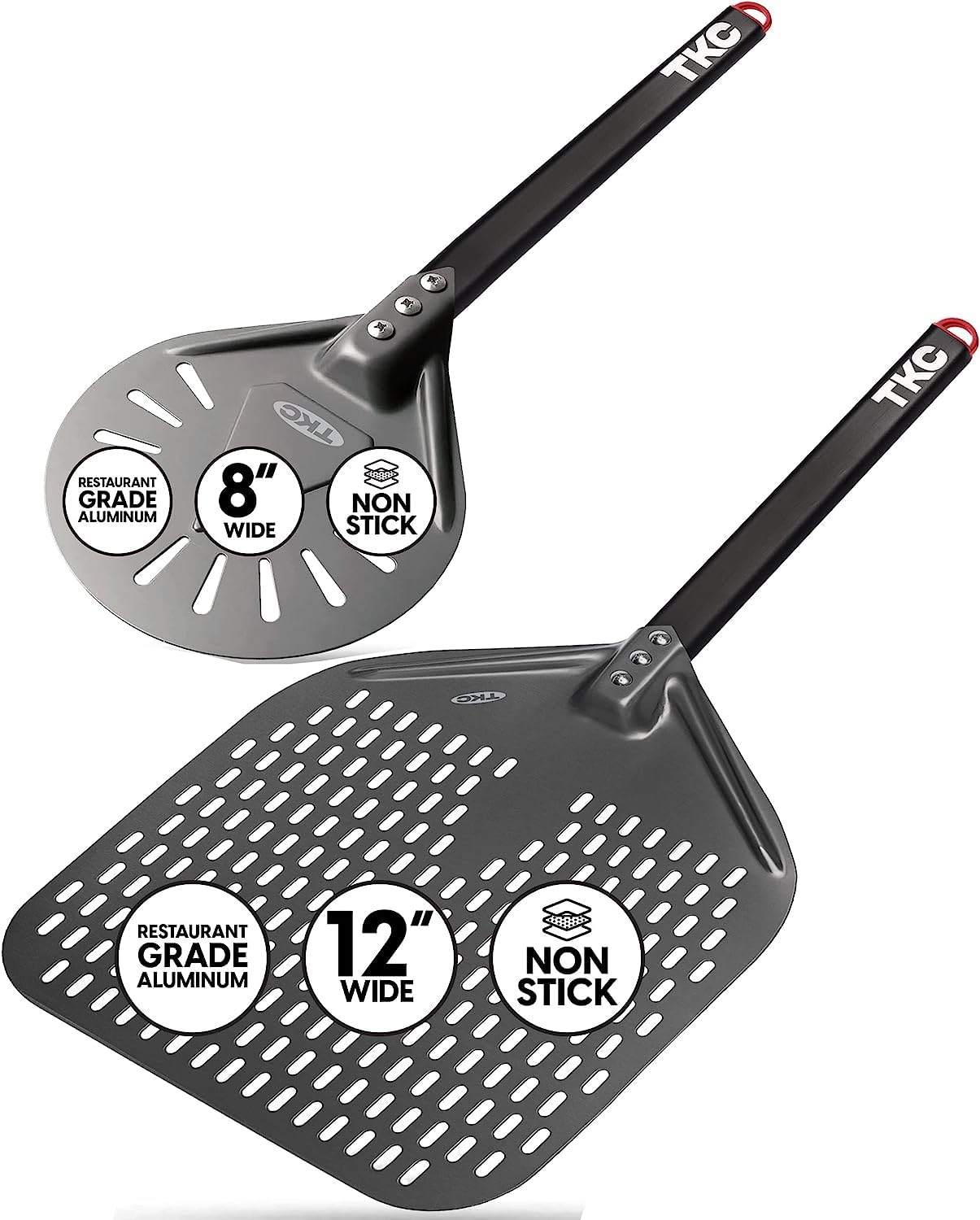 Tkc 12'', 8'' Perforated Pizza Peels - Professional Aluminum Pizza Turning Peel - Long Handle Metal Pizza Spatula For Indoor And