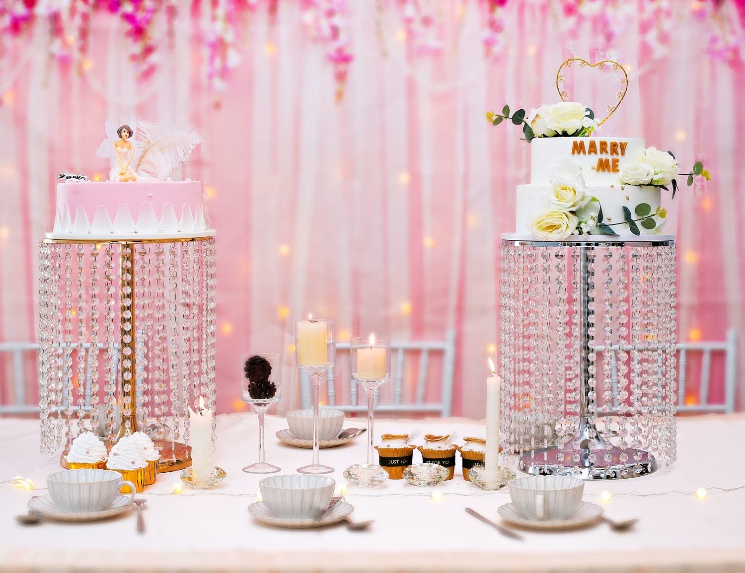 12In Dia Crystal Pendant Cake Stand,16'' High Gold Dessert Table Display Set,Can Hold Thick For Heavy Or Multi-Tiered Cakes,Use