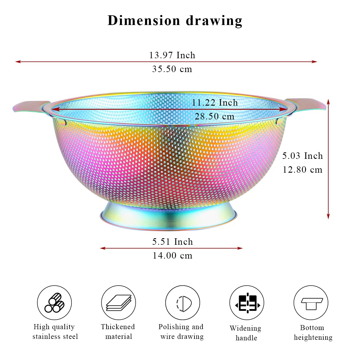 Kyraton Rainbow Colander 5 Quart, Professional Titanium Colorful Plating Stainless Steel Strainer With Heavy Duty Handles And Se