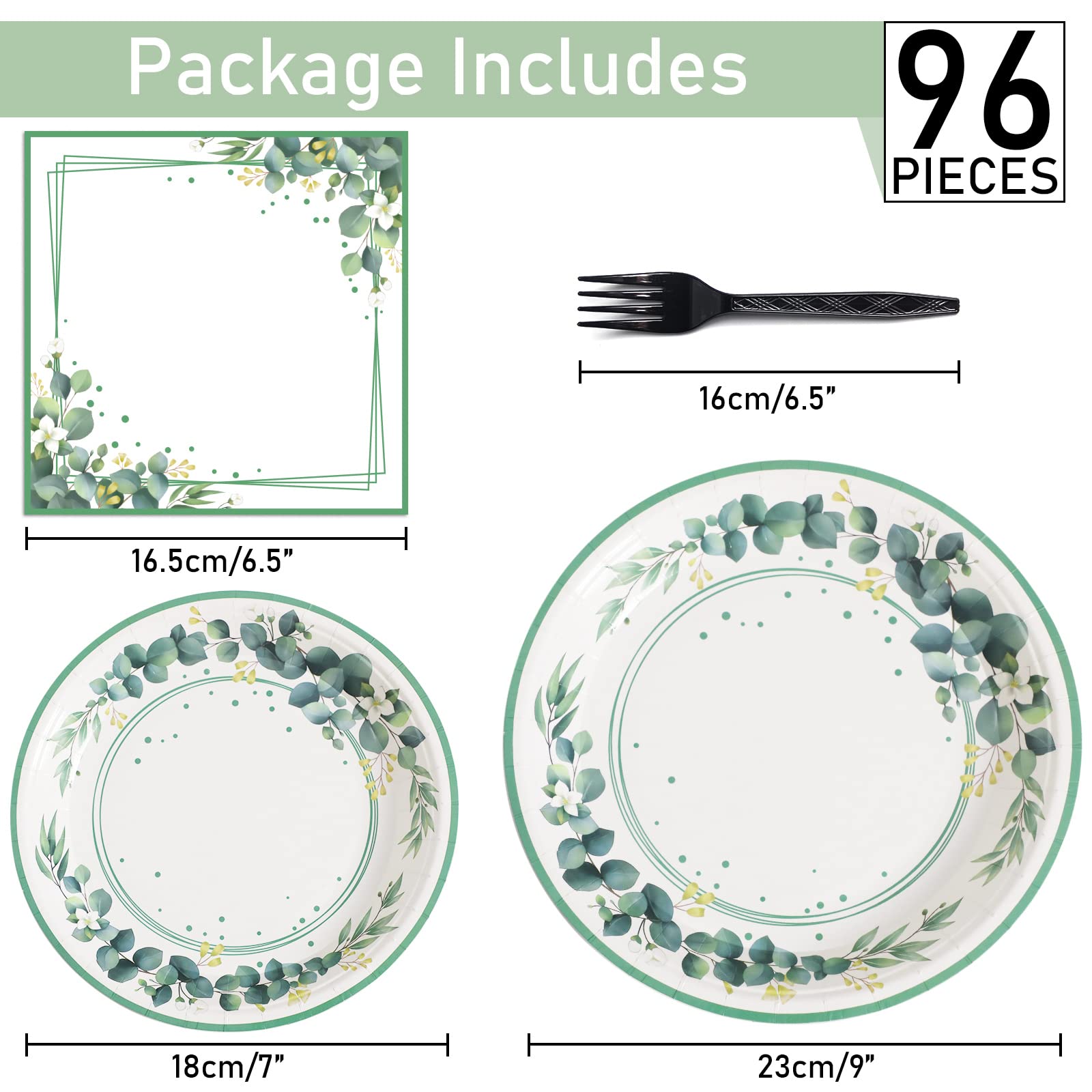 96 Pieces Sage Greenery Party Supplies Tableware Set Eucalyptus Leaf Jungle Theme Party Table Decorations Bridal Baby Shower Saf