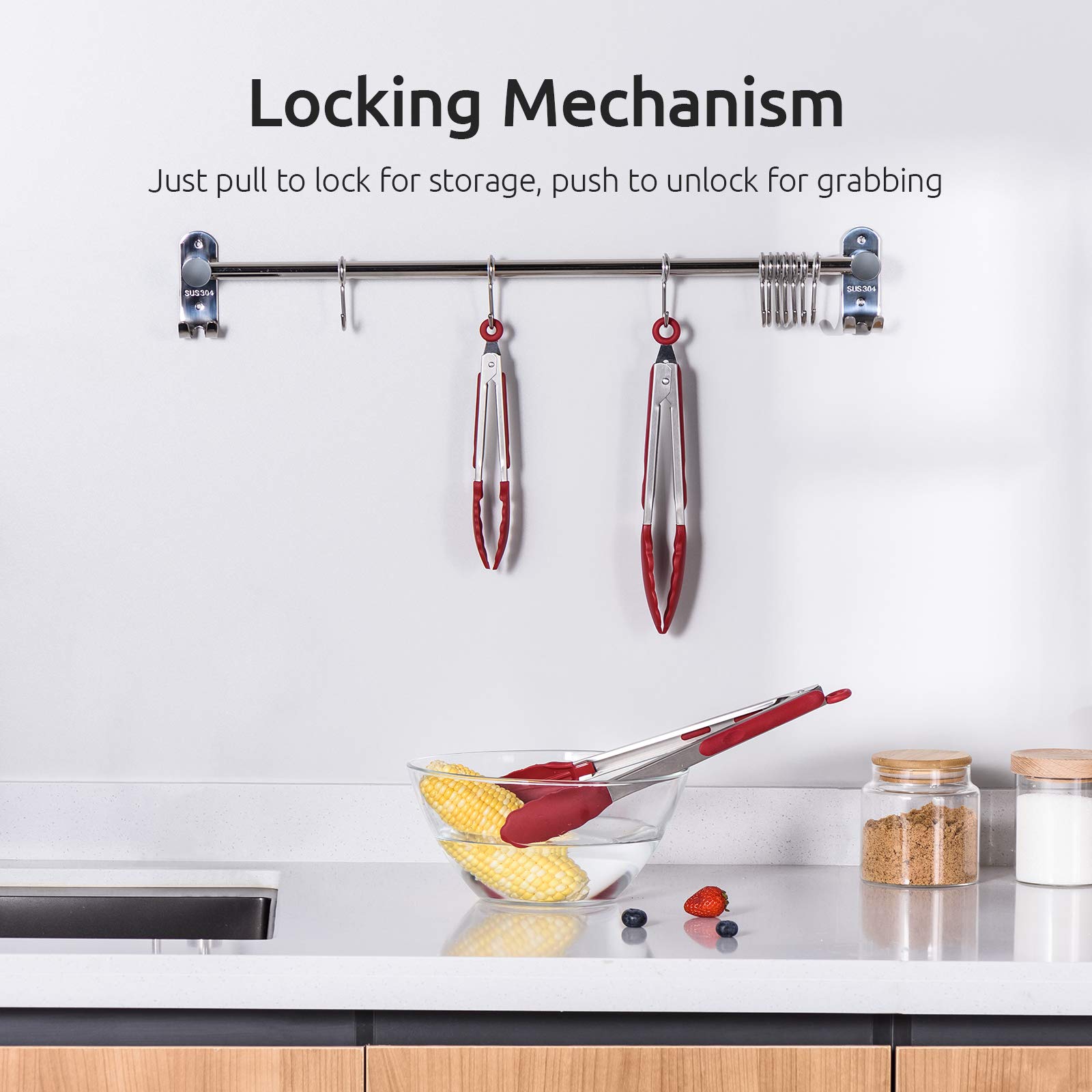 U-Taste Kitchen Tongs, 7/9/12 Inches Cooking Tongs, With 480F High Heat-Resistant Non-Stick Silicone Tips, 18/8 Stainless Steel