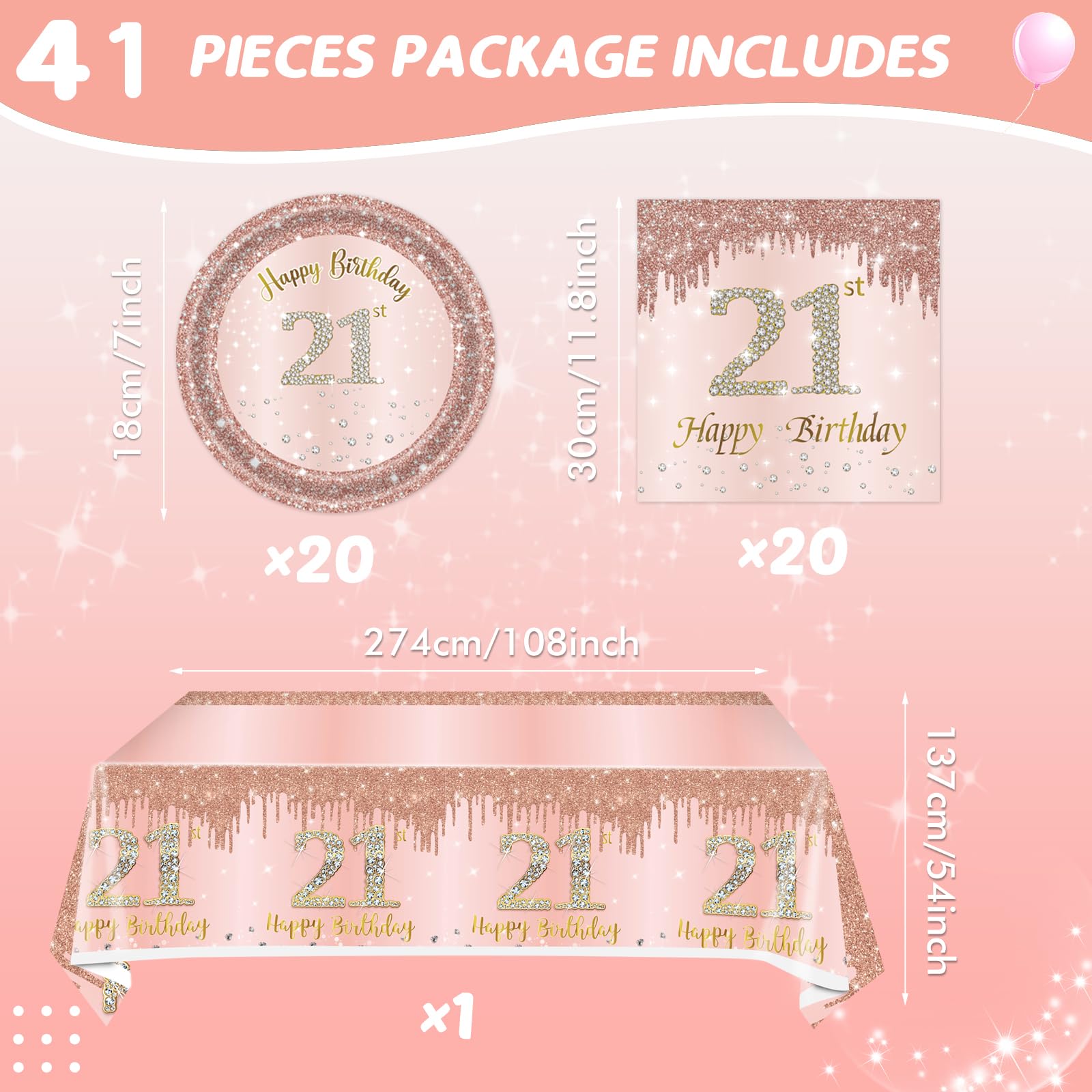 41Pcs 21St Birthday Decorations For Girls Her, Rose Gold Birthday Party Supplies Include 20Pcs Plates 20Pcs Napkins And 1Piece T