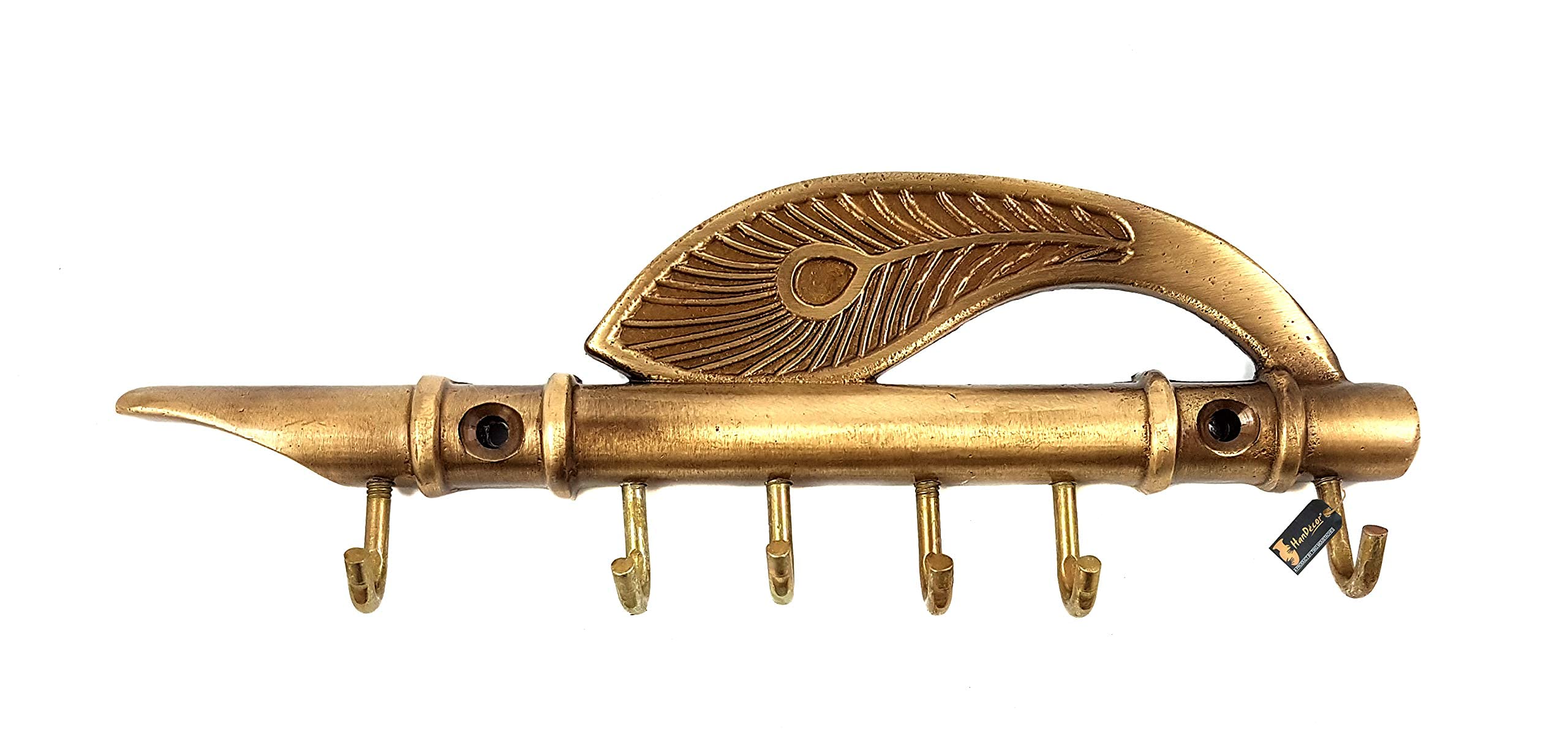 Two Moustaches Flute and Peacock Quills Brass Key Holder with 6 Hooks for Utility and Home Decor, Material  Brass, (Pack of 1)