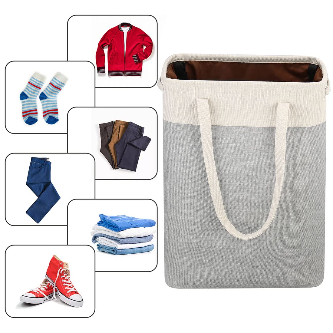 i BKGOO Laundry Basket with Handles Beige&Silver Slim Laundry Bin Collapsible Dirty Clothes Basket Narrow Laundry Bag Foldable Dirty Hamper for Camping  Dorms  Apartments