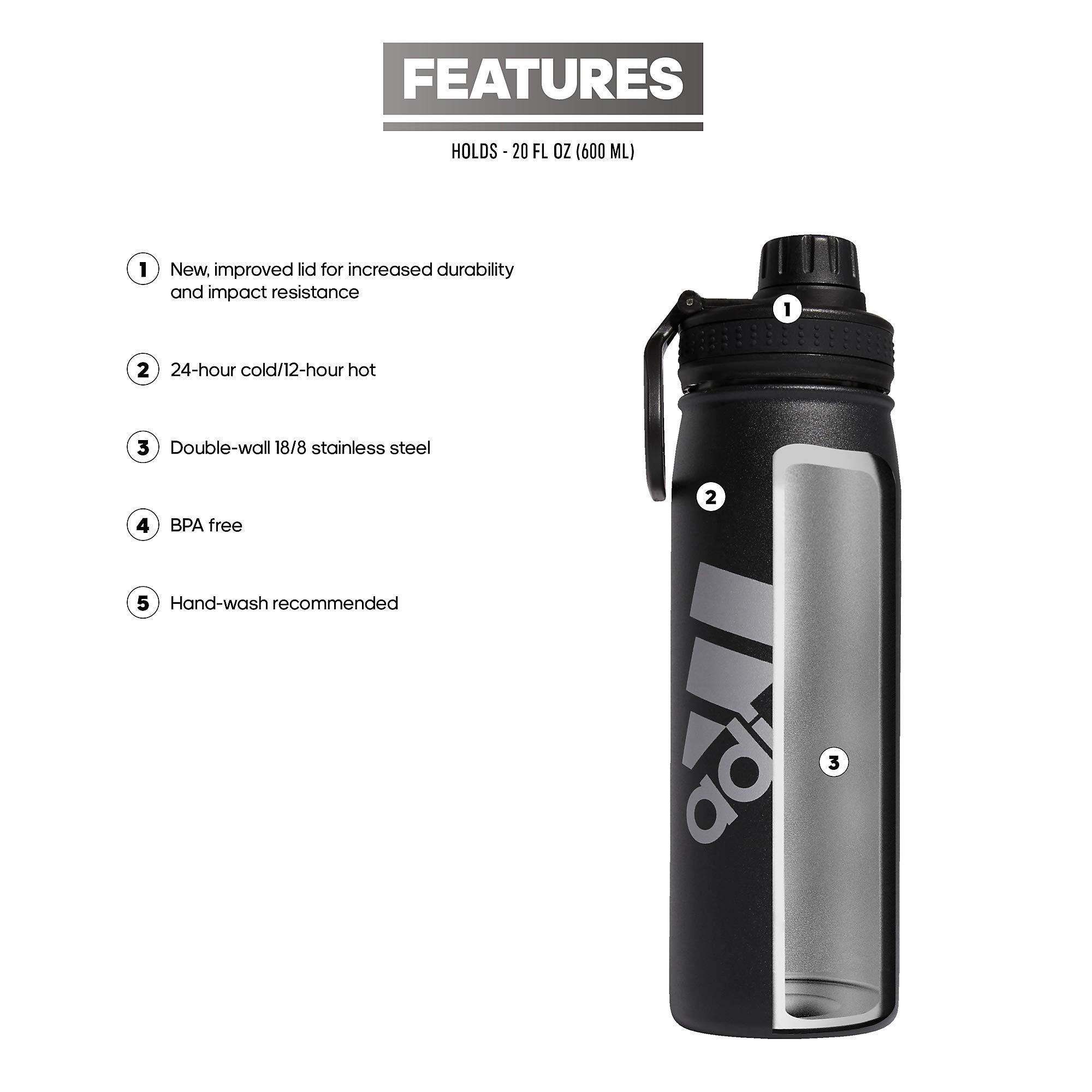 Adidas 600 Ml (20 Oz) Water Bottle, Hot/Cold Double-Walled Insulated 18/8 Stainless Steel, Black/Silver Metallic, One Size