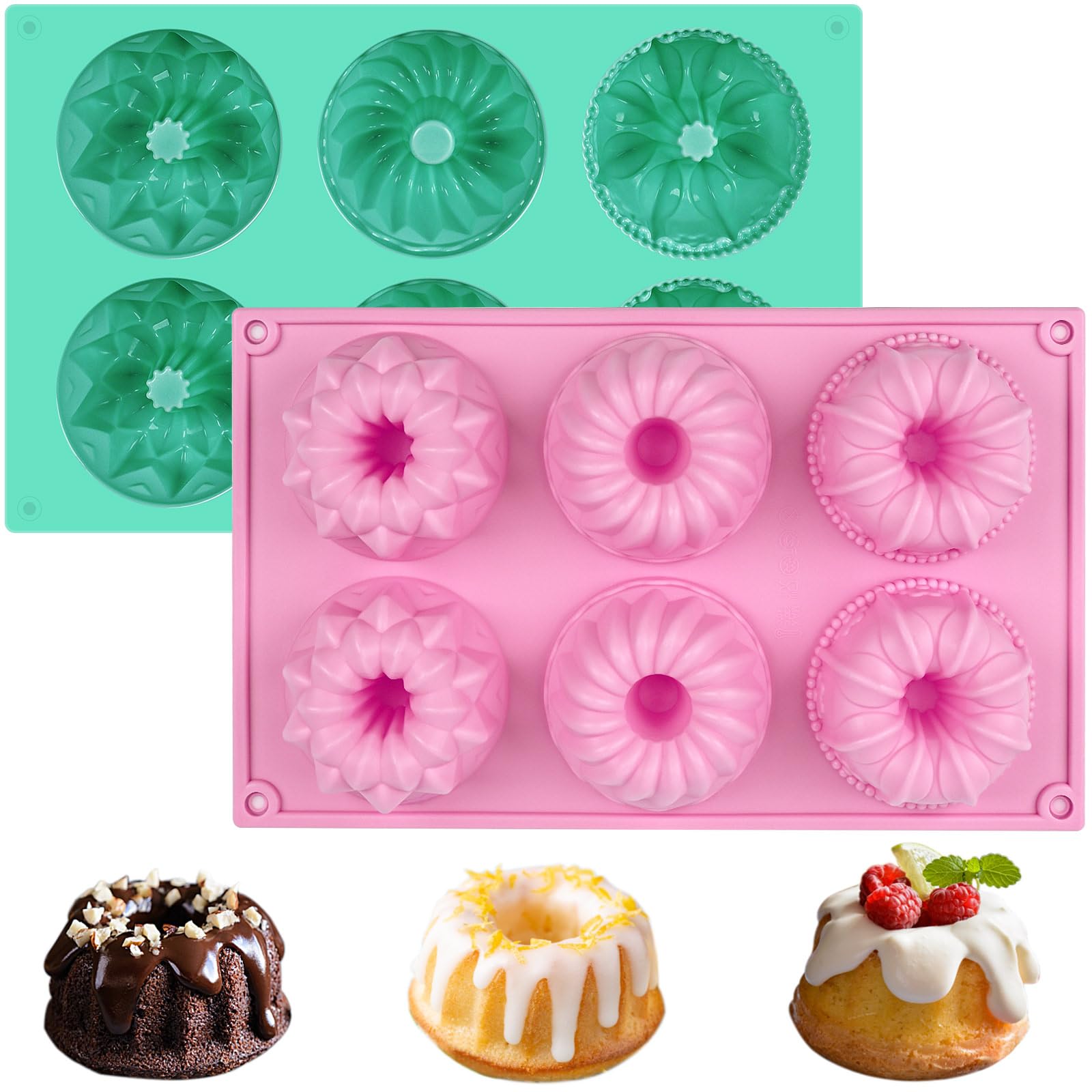Huakener 2 Pcs Mini Bundt Cake Pan, 6-Cavity Fluted Tube Cake Pan, Non-Stick Silicone Baking Mold For Cupcakes, Donuts, Cornbrea