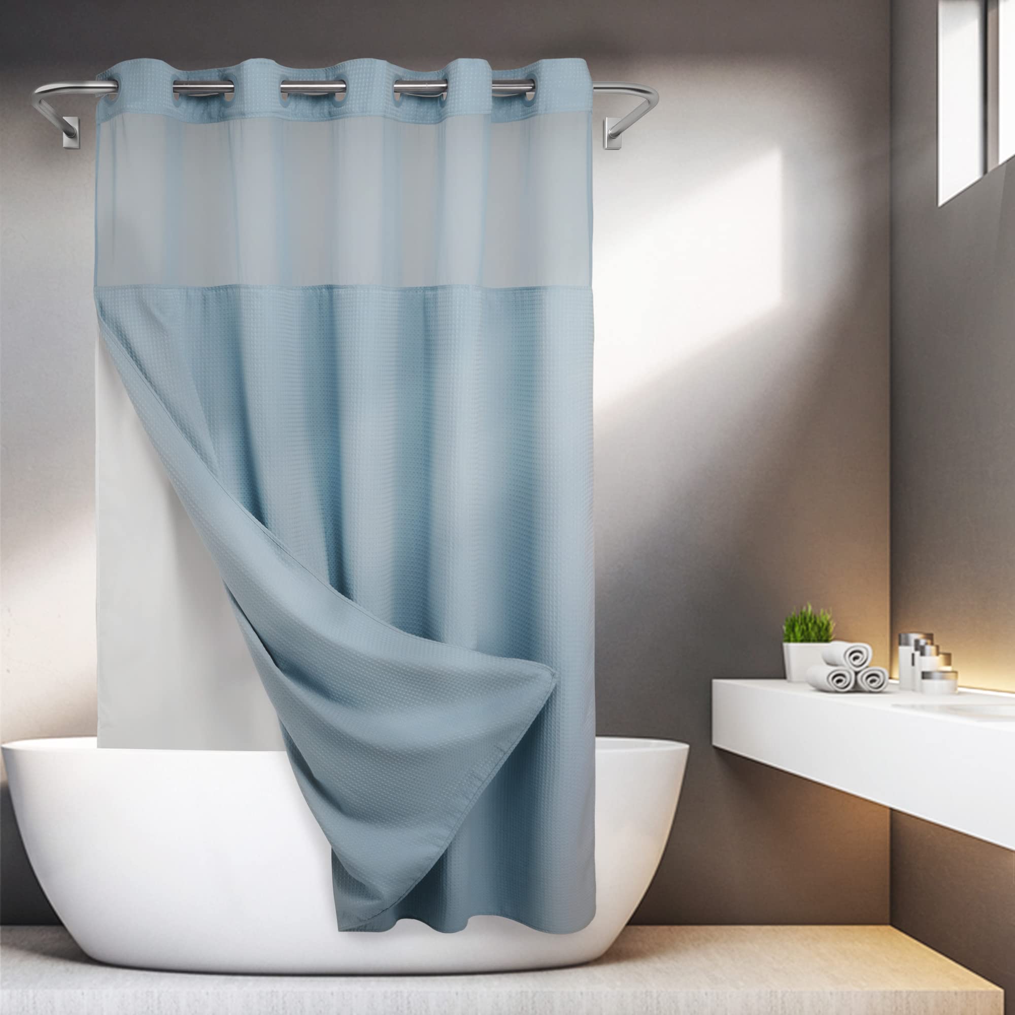 No Hooks Required Waffle Weave Shower Curtain With Snap In Liner - 71W X 74H,Hotel Grade,Spa Like Bath Curtain,Blue