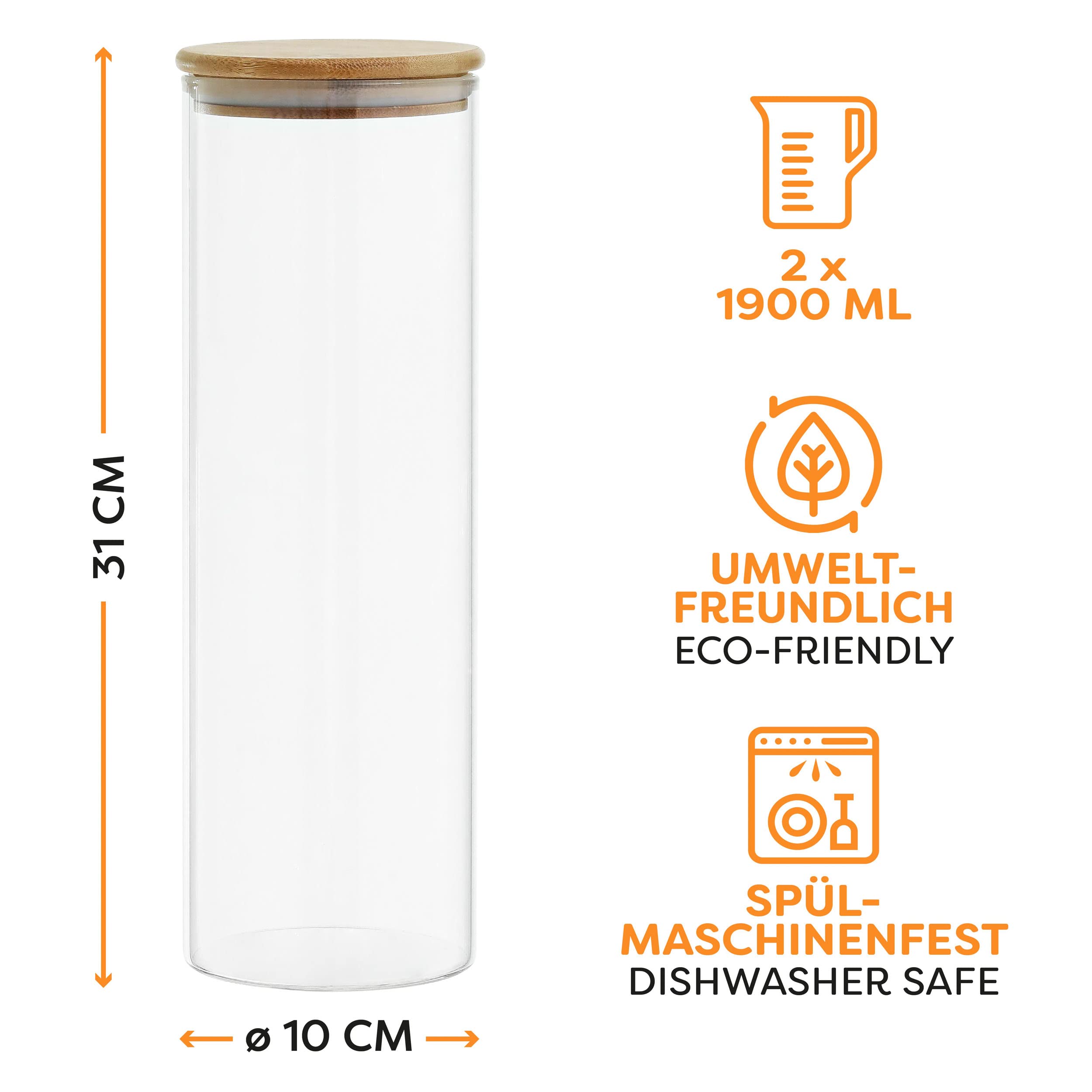 Spaghetti Storage Jar Glass With Lid 64Oz - Airtight - With 2 Extra Silicone Seals - Dishwasher Safe - 12In Tall