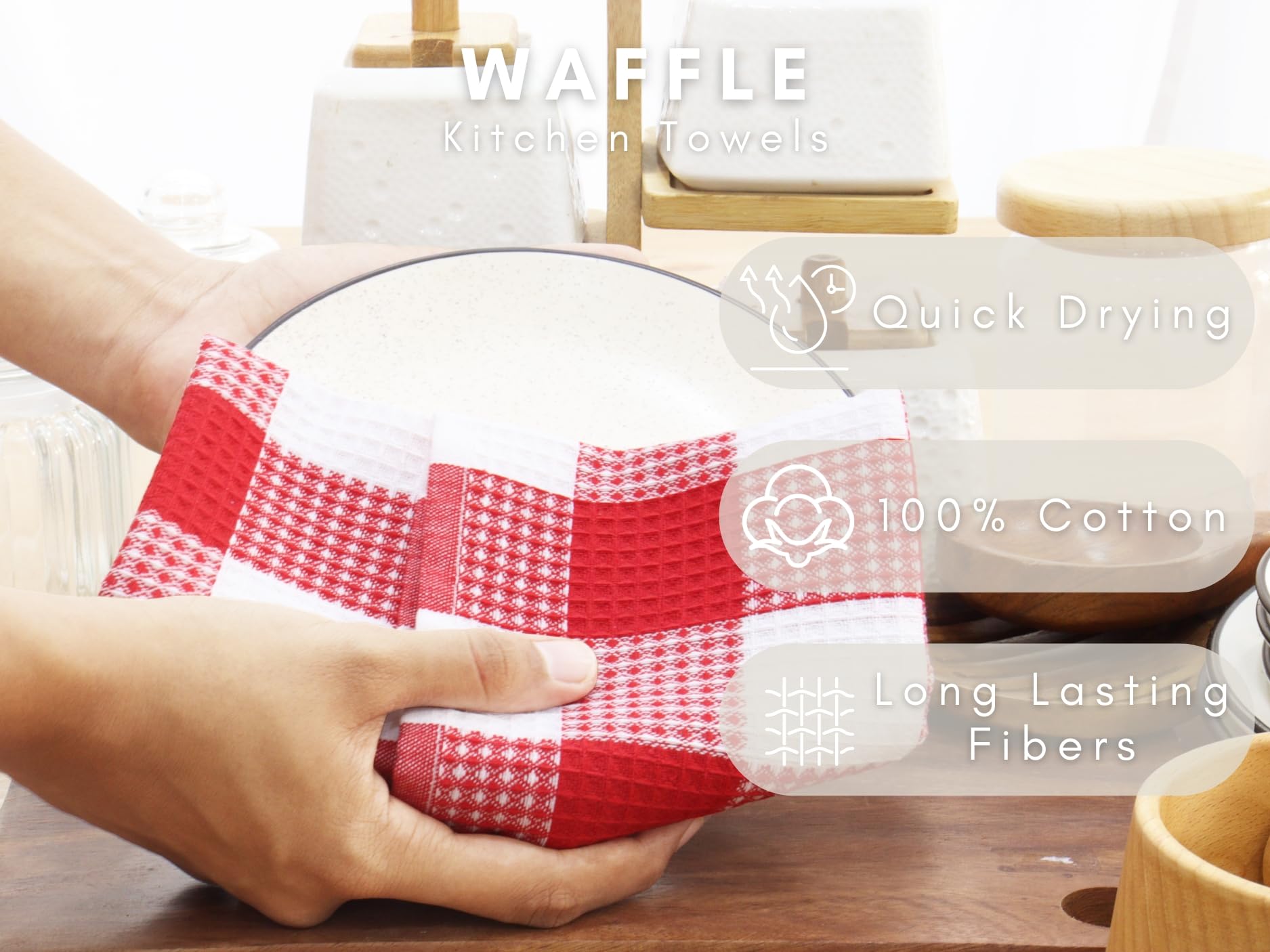 PurpleEssences 100% Cotton Waffle Weave Check Plaid Kitchen Towels, Super Soft and Absorbent Dish Towels for Drying Dishes 15x25