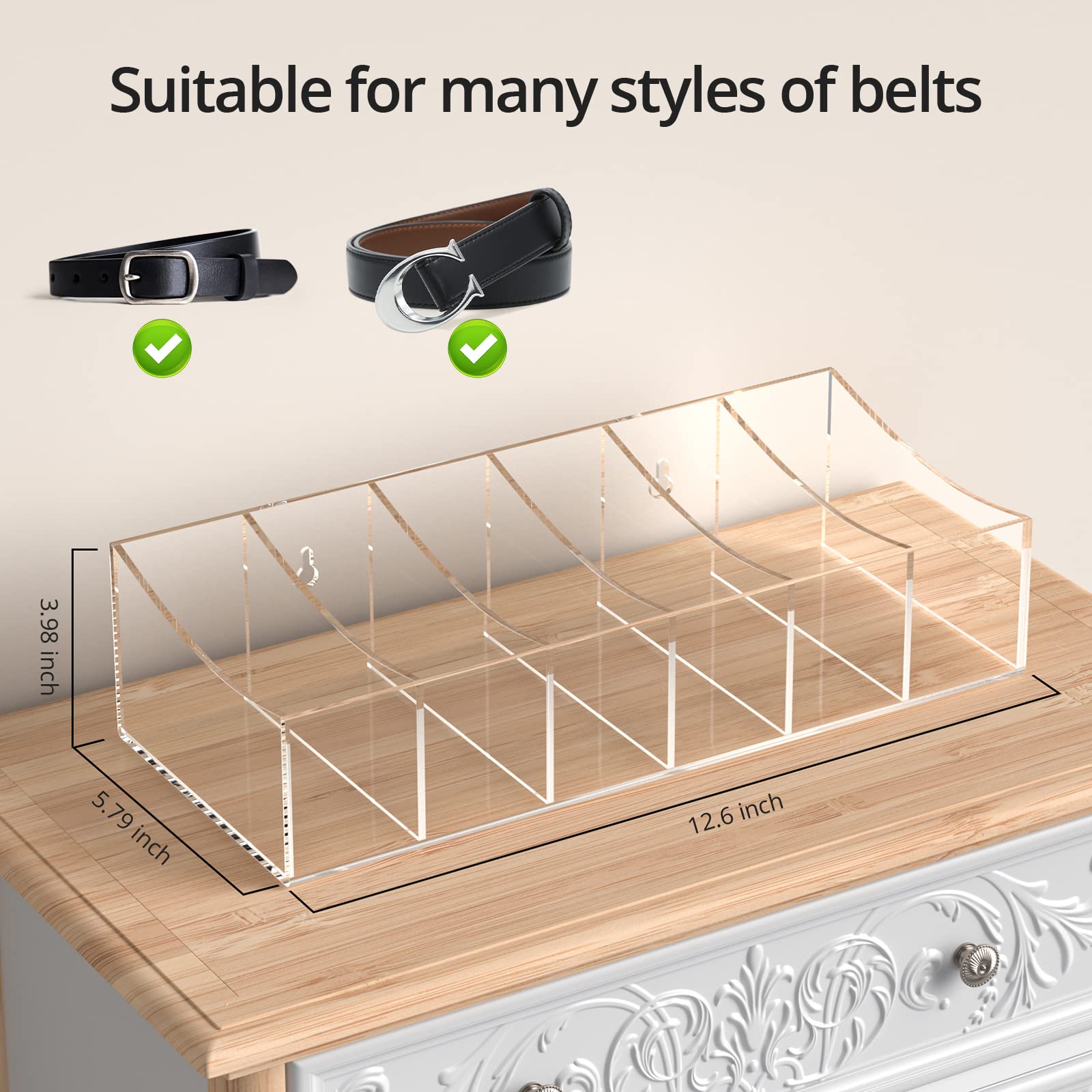 Kdsksc Belt Organizer, Acrylic Belt Storage Holder For The Closet And Drawer, 6 Compartments Belt Container Clear Display Case F