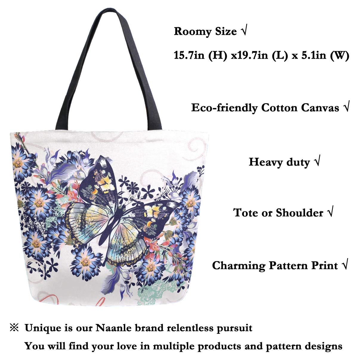 Naanle Floral Butterfly Canvas Tote Bag Large Women Casual Shoulder Bag Handbag, Floral Butterfly Reusable Multipurpose Heavy Du