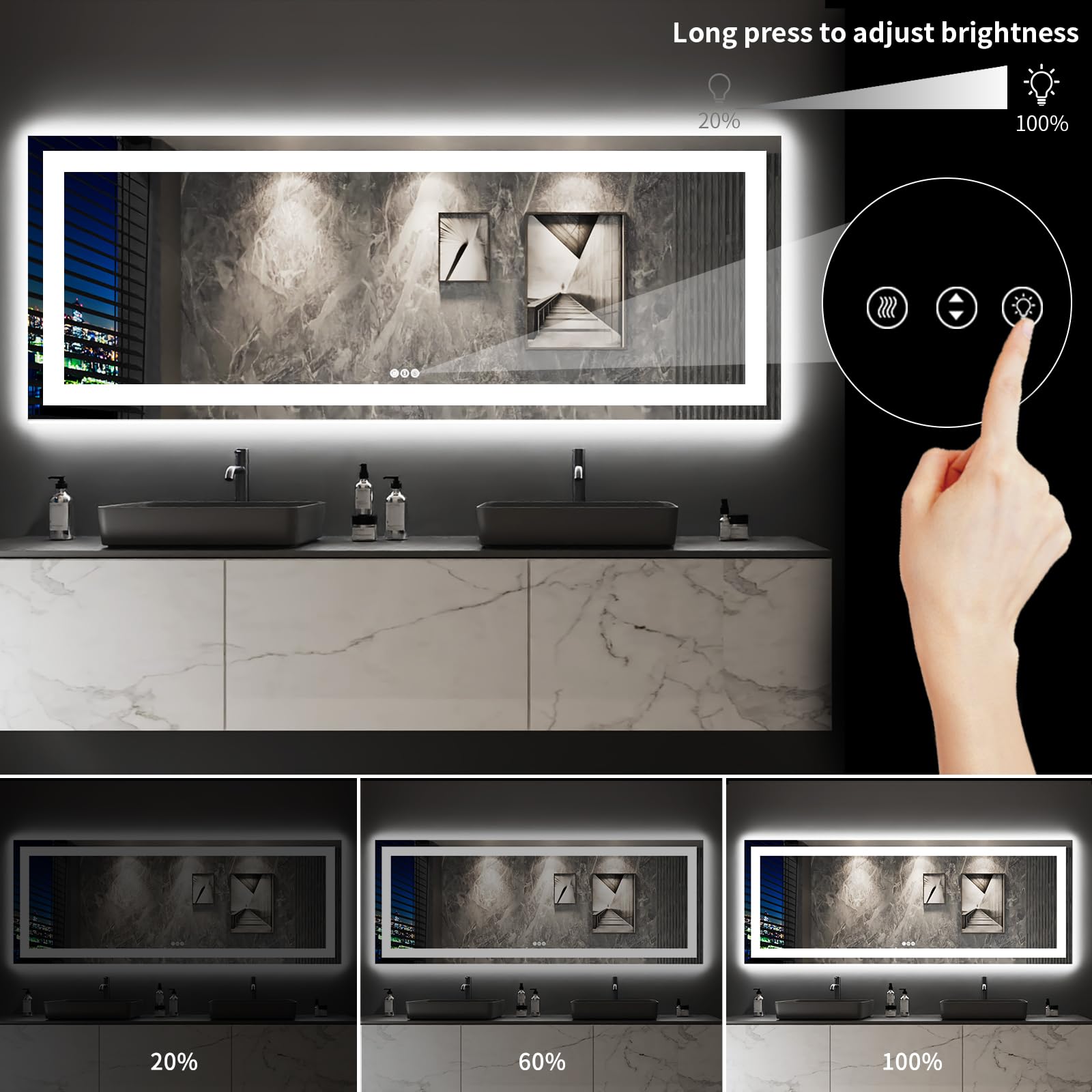 LOAAO 96X36 LED Bathroom Mirror with Lights  Anti-Fog  Dimmable  Backlit + Front Lit  Lighted Bathroom Vanity Mirror for Wall  Memory Function  Tempered Glass  Shatter-Proof  ETL Listed