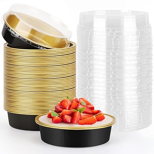 Beasea Aluminum Cupcake Pans With Lids  4 Inch 50 Pack Disposable Pie Pans For Cake  8 Oz Aluminum Pie Pan Tin Black Golden Tart Pans Round Oven Baking Mini Cake Pan For Pie Tart Quiche