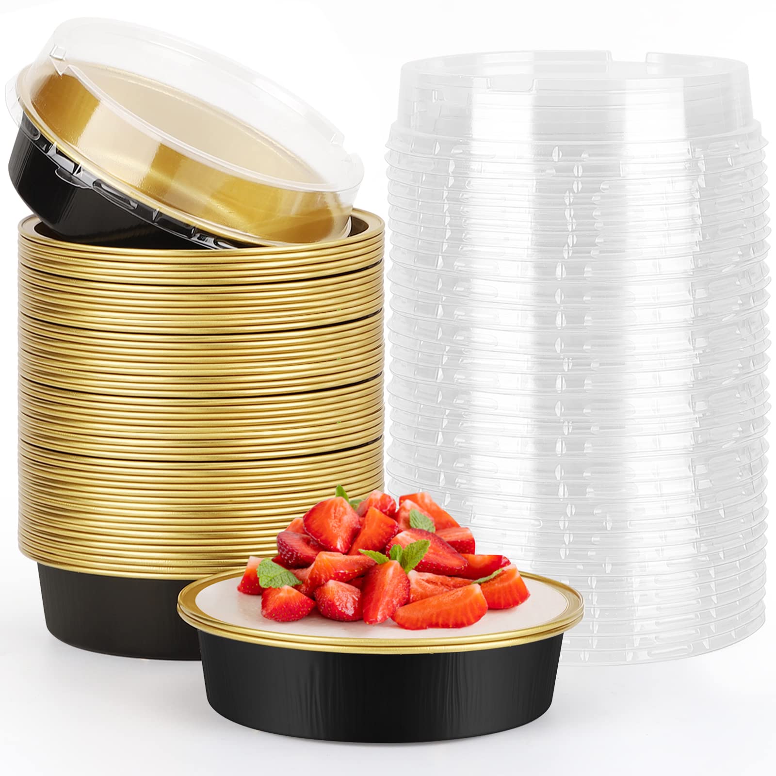 Beasea Aluminum Cupcake Pans With Lids, 4 Inch 50 Pack Disposable Pie Pans For Cake, 8 Oz Aluminum Pie Pan Tin Black Golden Tart