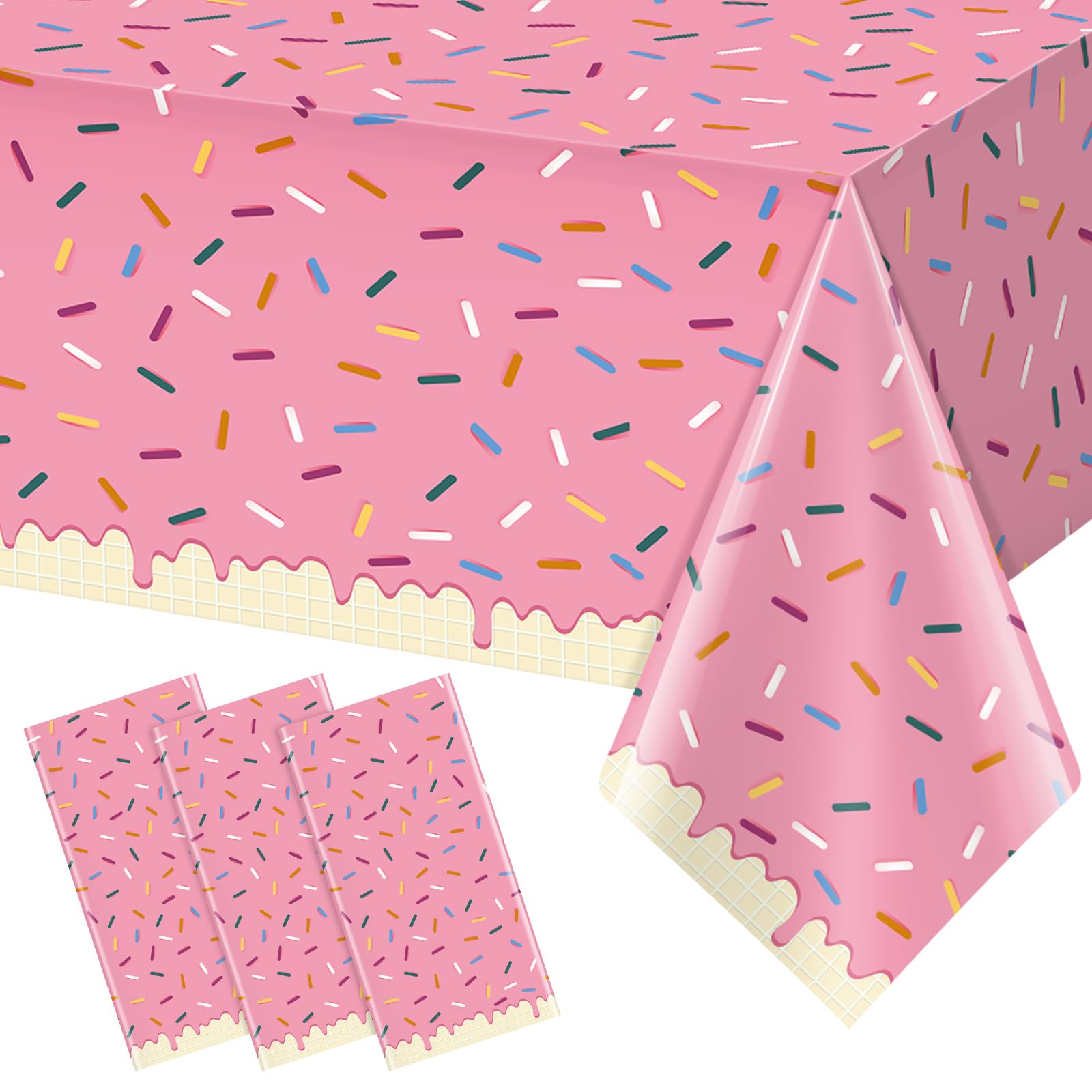 3Pcs Sprinkle Donut Tablecloth, Pink Ice Cream Table Cloth Disposable Plastic Rectangle Table Covers for Baby Girl Sweet One Bir