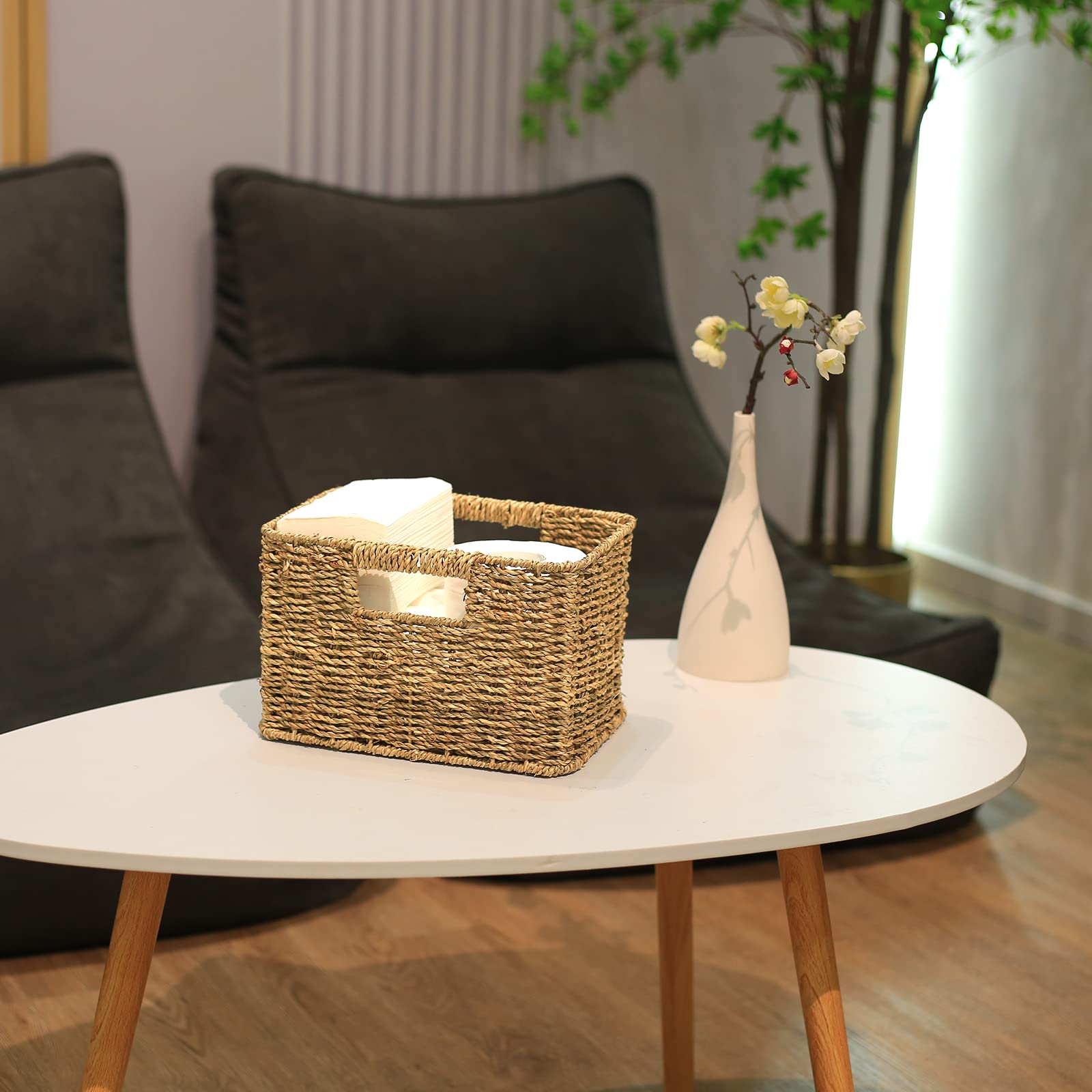 HOONEX Large Wicker Baskets for Storage  Seagrass Baskets with Dual Handles  Woven Baskets for Storage  Set of 3  Natural