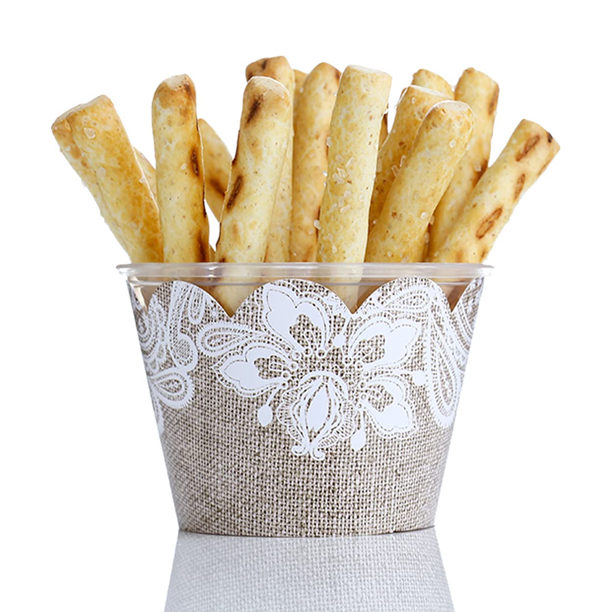Burlap And Lace Cupcake Wrappers, 48 Count - Rustic Birch And Wood Grain Design, Burlap Cupcake Wrappers For Weddings And Partie