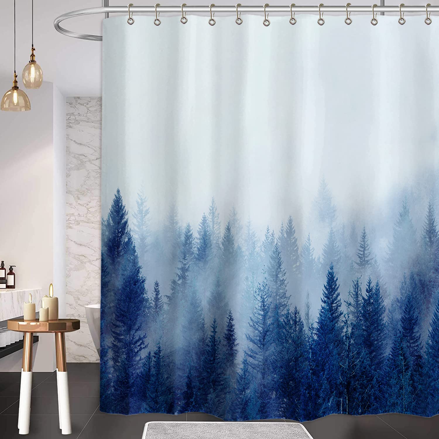 Ortigia Blue Misty Forest Shower Curtains,Nature Mountain Shower Curtain,Woodland Shower Curtain,Fall Fantasy Fog Magic Tree Bat