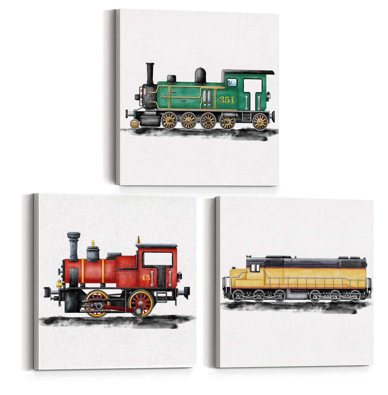 Set Of 3 Steam Train Nursery Vehicle Art Canvas Wall Art Framed Paintings Prints Watercolor Steam Locomotive Canvas Wall Decor F