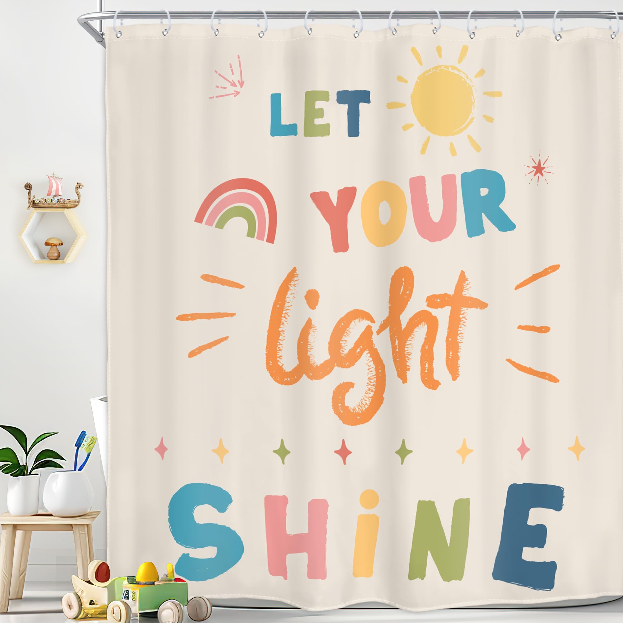 Homewelle Kids Quotes Shower Curtain Inspirational Colorful Cartoon Classical English Letter Let You Light Shine Lovely Sun Clas