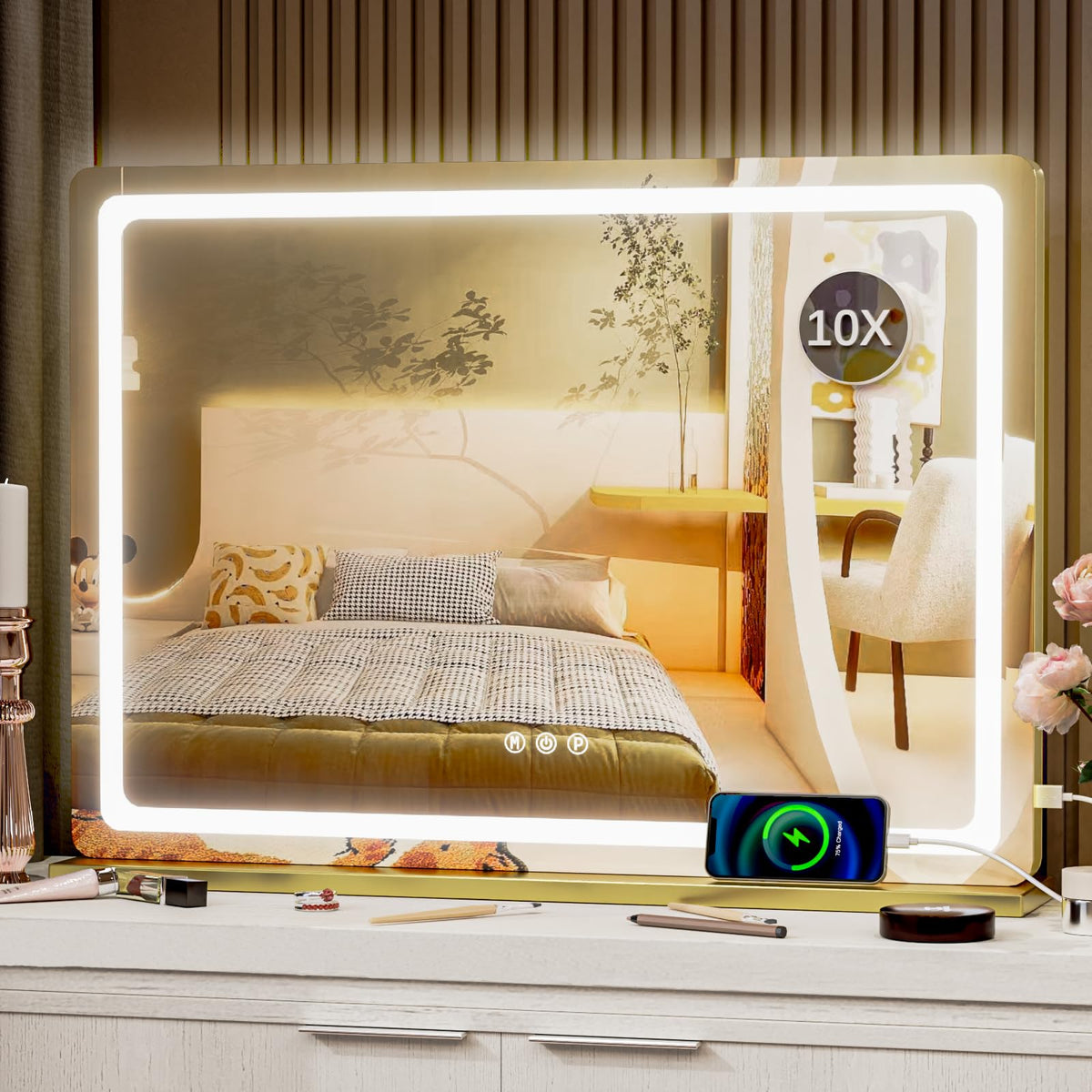 Vanity Mirror With Lights, 28'' X 22'' Led Makeup Mirror, Lighted Makeup Mirror With 10X Magnification,Dimmable 3 Modes, Touch S