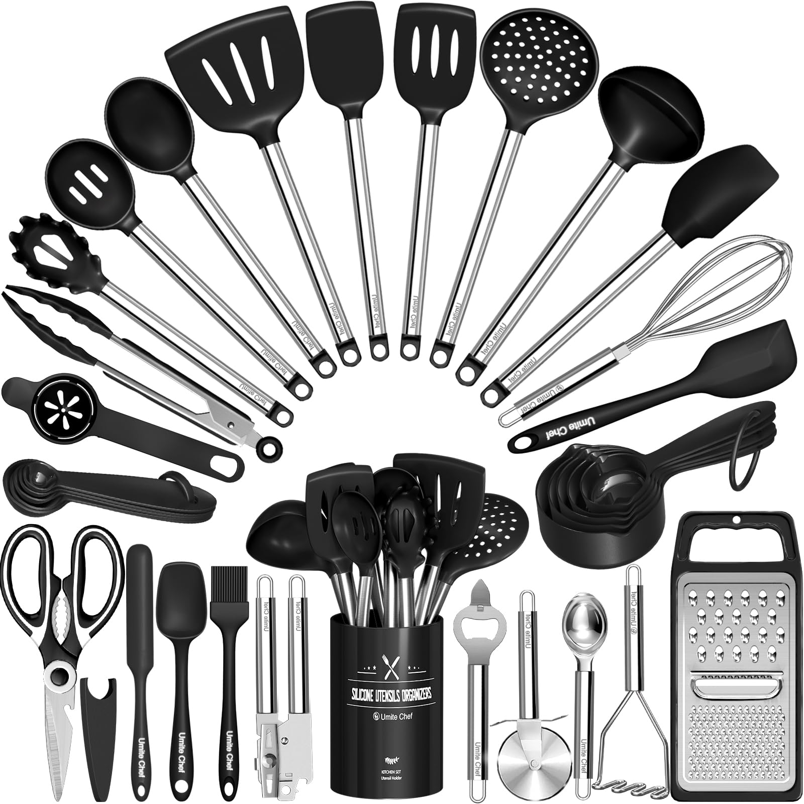 Kitchen Utensils Set-Umite Chef 34 Pcs Silicone Cooking Utensils Set For Nonstick Cookware-Silicone Spatulas Set, Stainless Stee
