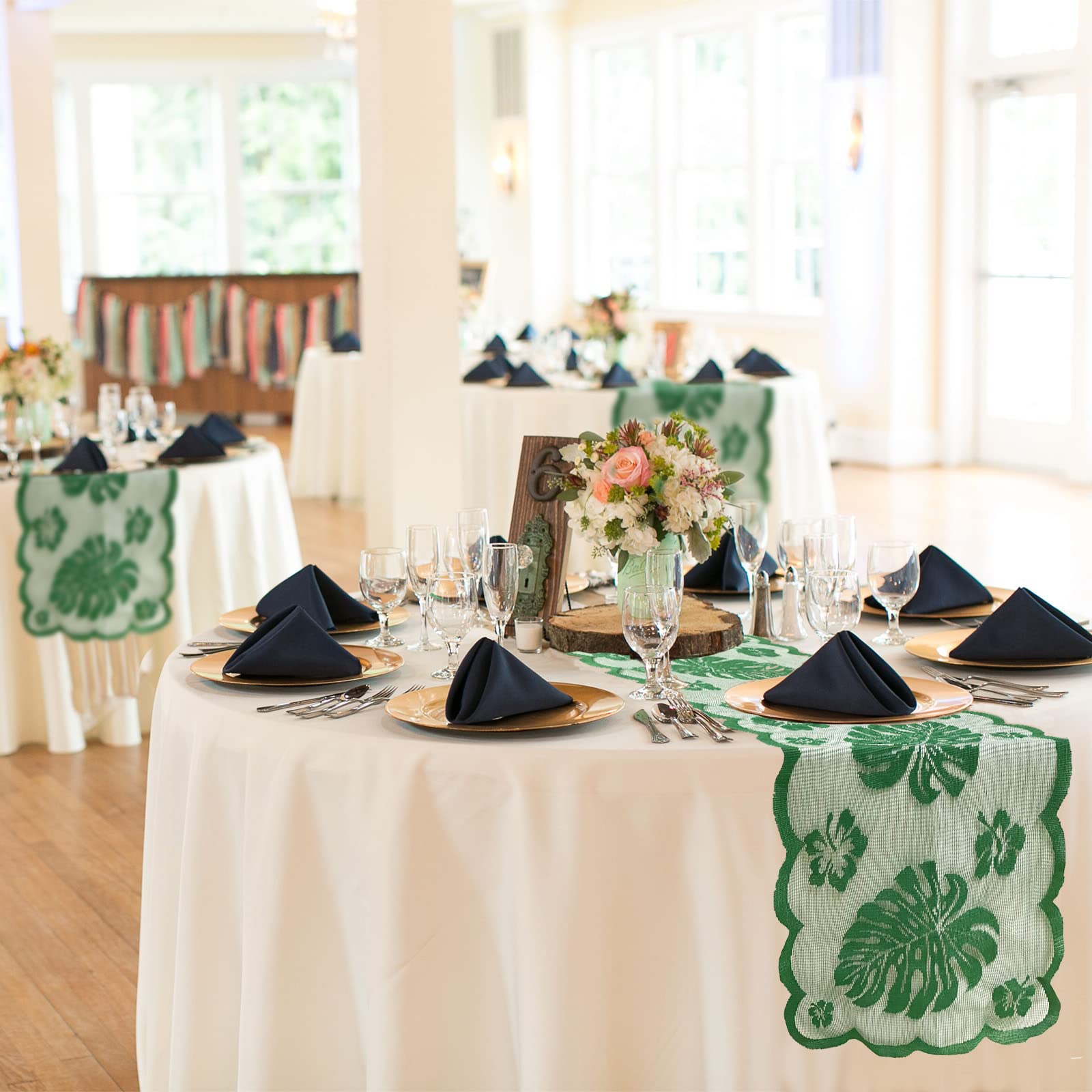 Tropical Table Runner For Palm Leaves Party Decorations - Green Lace Table Runner For Luau Wedding, Hawaiian, Havana Nights, Saf