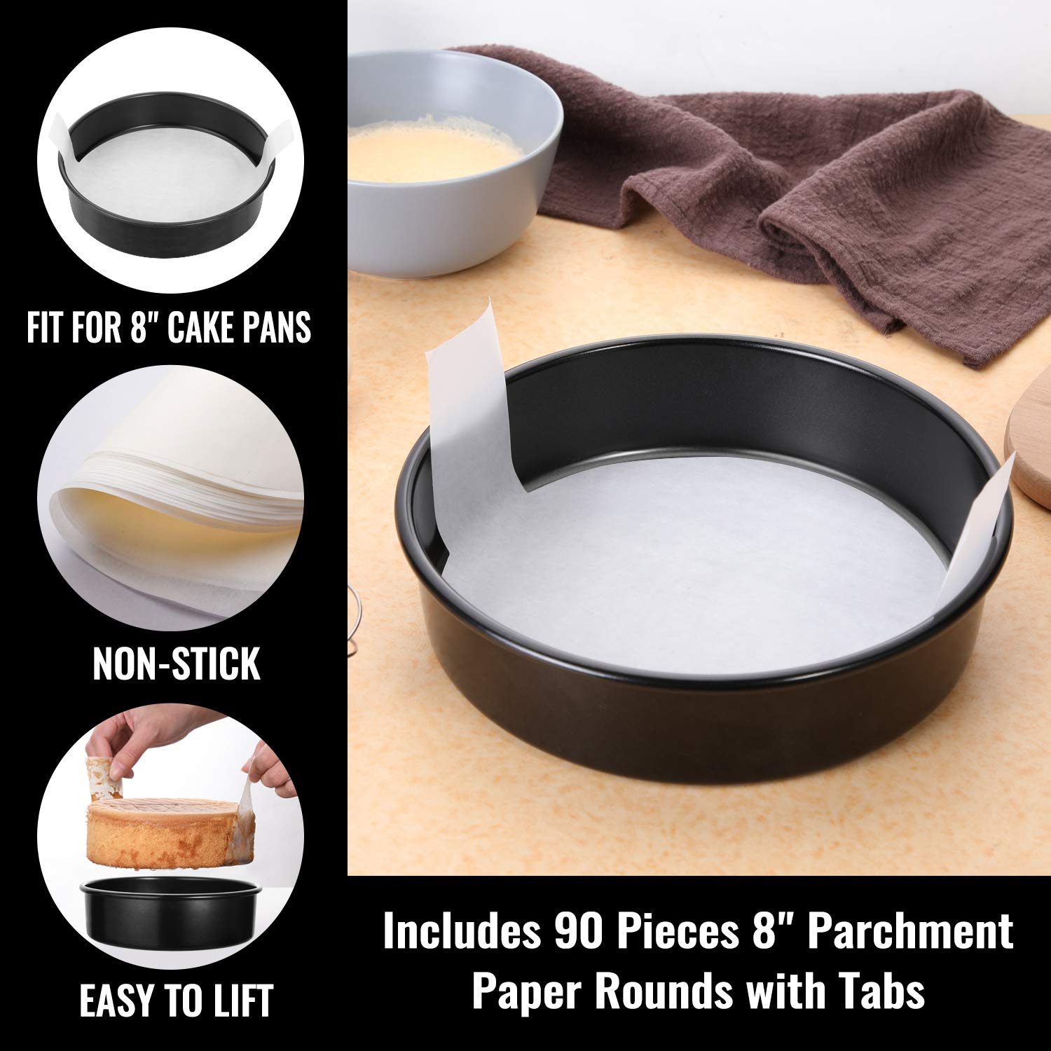 Hiware 8-Inch Round Cake Pan Set Of 3, Nonstick Baking Cake Pans With 90 Pieces Parchment Paper, Dishwasher Safe