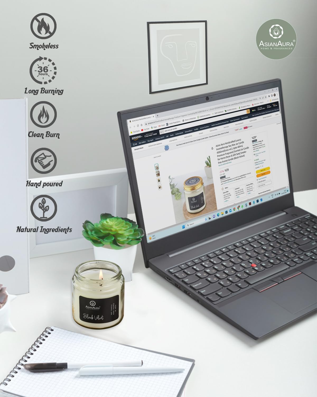 Asian Aura Scented Glass Jar Candle - 450g (Gross Wt.) - Black Velvet |36 Hours Burn Time |Smoke-Free Aroma Candle for Home Frag