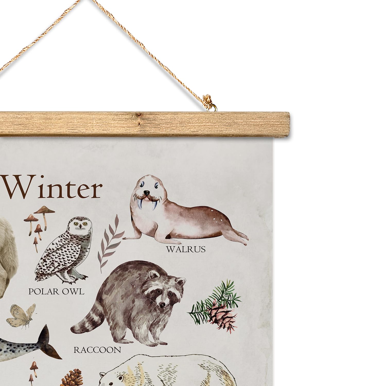 Xiaoaika Winter Wildlife Educational Poster - Illustrated Arctic Animals Chart With Wooden Frame - Seasonal Nature Wall Art For