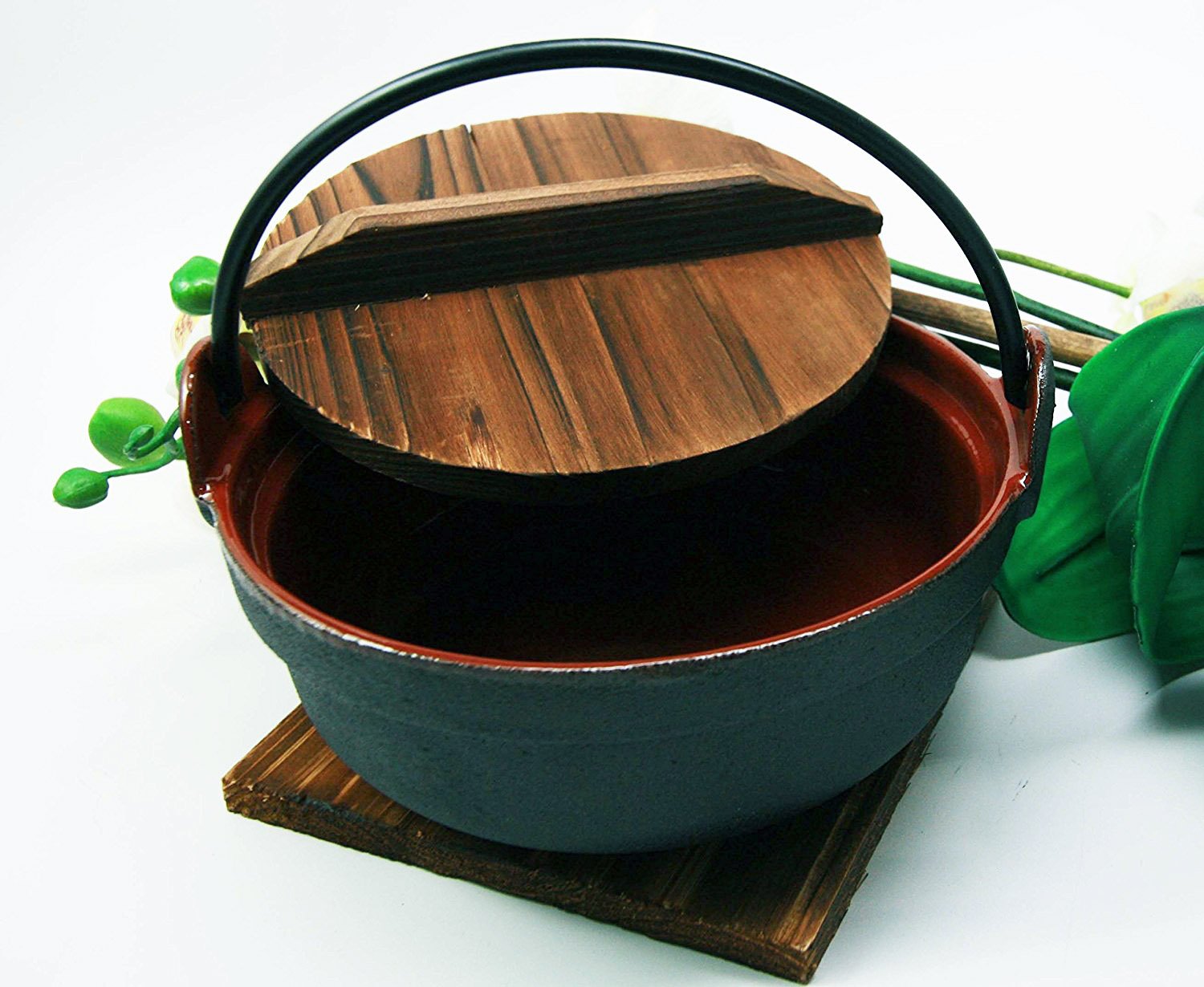 Ebros Japanese Style Traditional Cookware Serveware Cast Iron Sukiyaki Nabemono Small Personal Size Soup Hot Pot With Wooden Lid