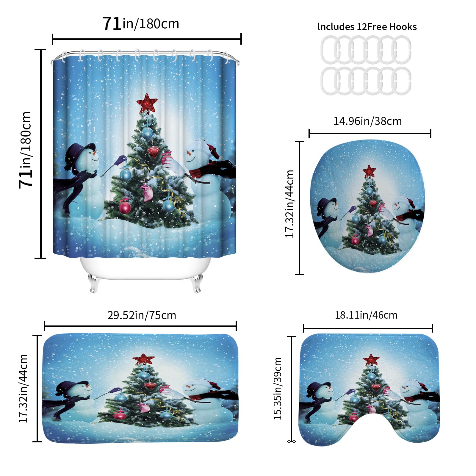 Onalasyc 4-Piece Christmas Shower Curtain Set,Winter Xmas Tree Interesting Snowman Christmas Shower Curtain Set with Rugs,Waterp