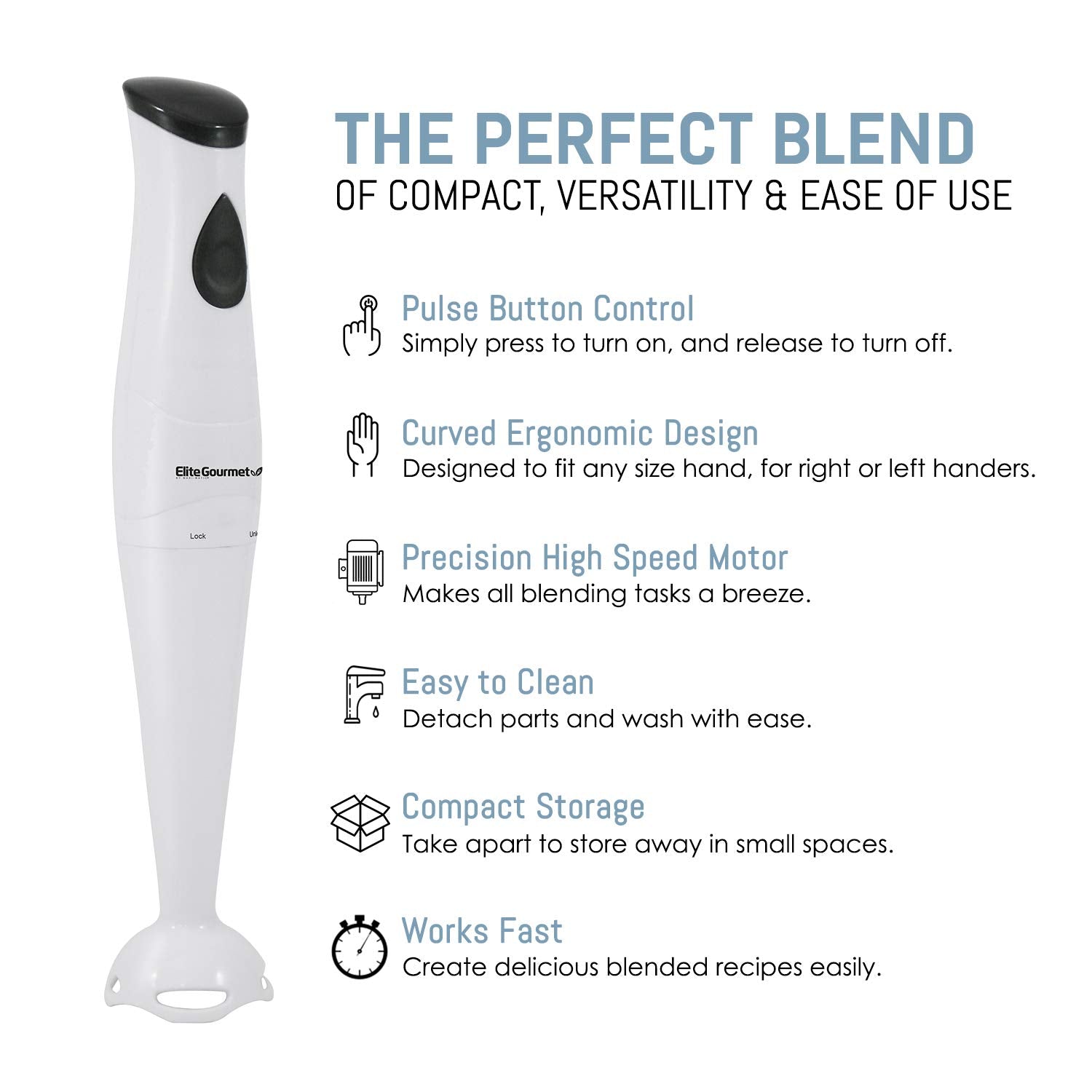 Elite Gourmet Ehb-2425X Electric Immersion Hand Blender, Mixer, Chopper, 1-Touch Control Multi Purpose Electric Immersion Stick,
