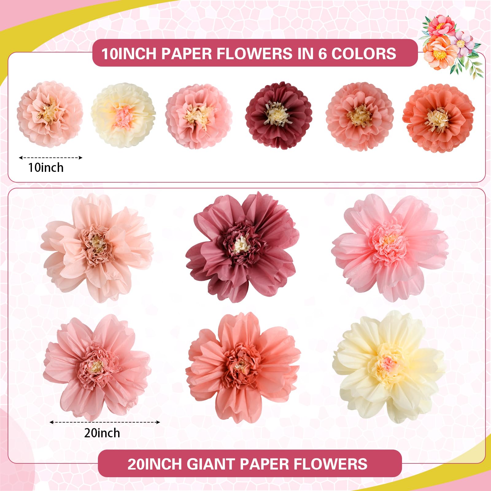 TaoBary 48 Pcs Large Colorful Tissue Paper Flowers 20 Giant Fiesta Paper Pom Poms Mexican Birthday Decorations for Wall Wedding