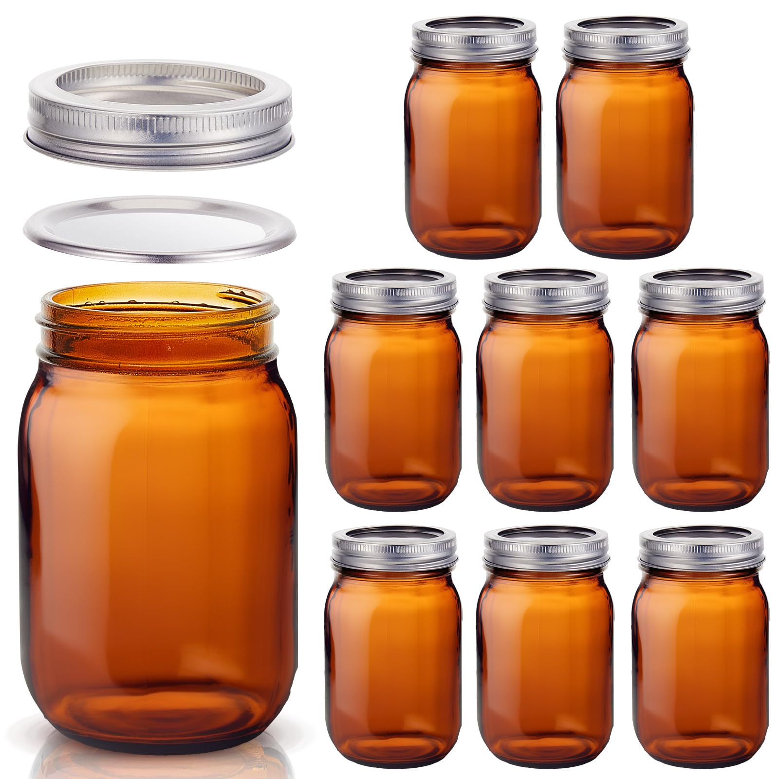 Norme 8 Pieces Amber Mason Jars 16 oz Glass Mason Jar with Airtight Lids Canning Apothecary for Pickle Fermenting Canning Freezi