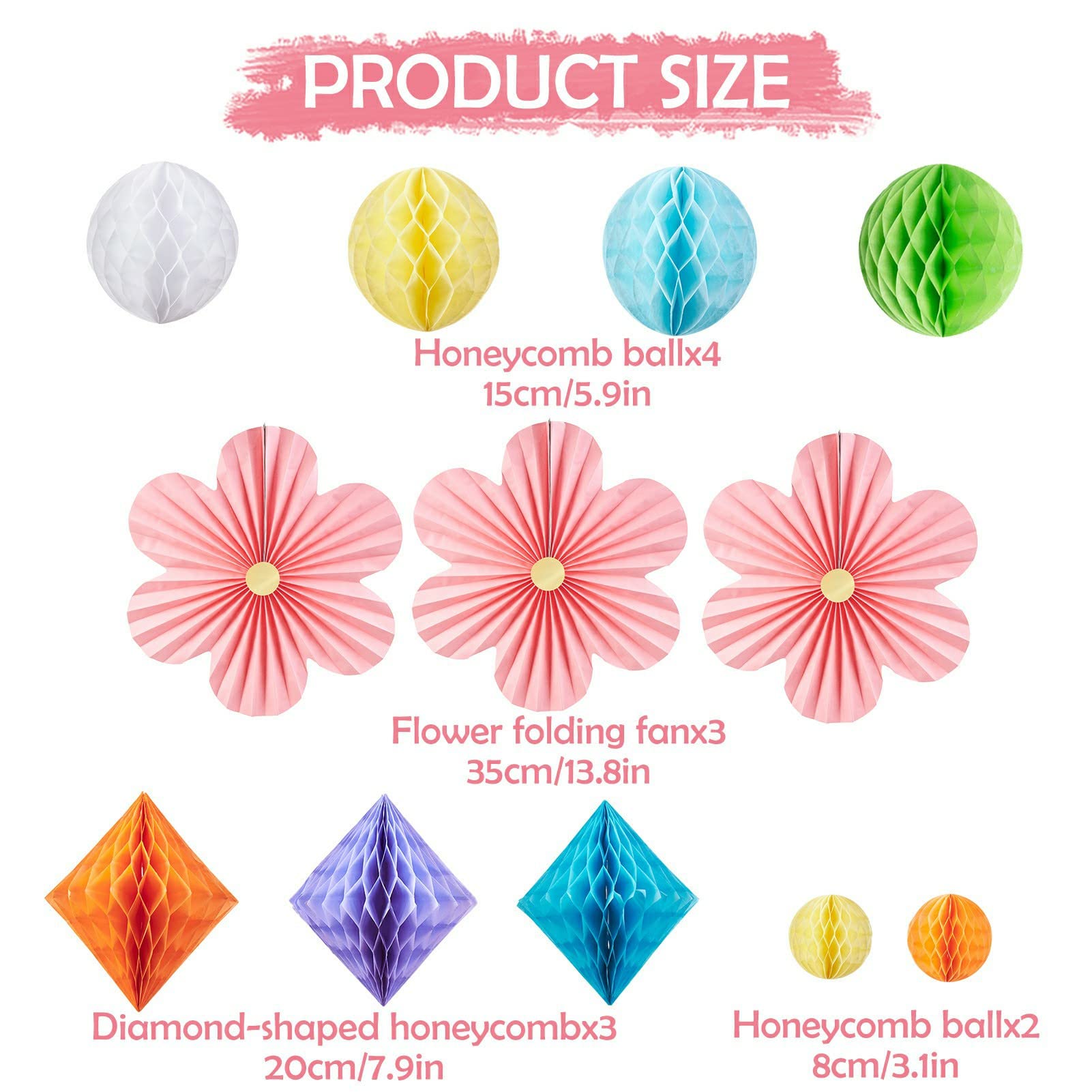 SUNBEAUTY Flower Party Decorations Honeycomb Paper Balls Paper Floral Backdrop Decor Paper Fans Decoration Hanging Paper Fans Pink Flower Wall Decor Set of 9