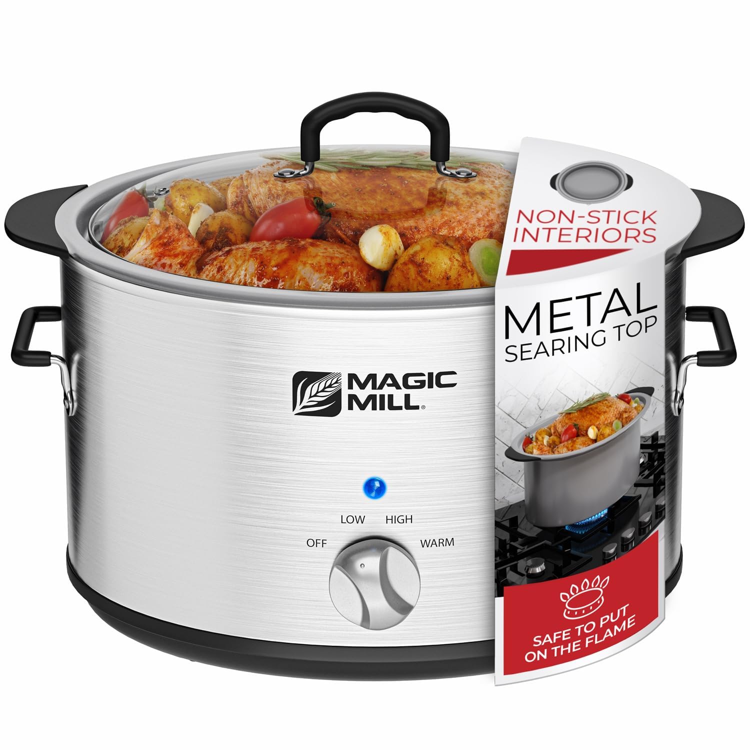 Magic Mill Slow Cooker 10 Quart | Extra Large NonStick Metal Searing Pot & Transparent Tempered Glass Lid Multipurpose Lightwei