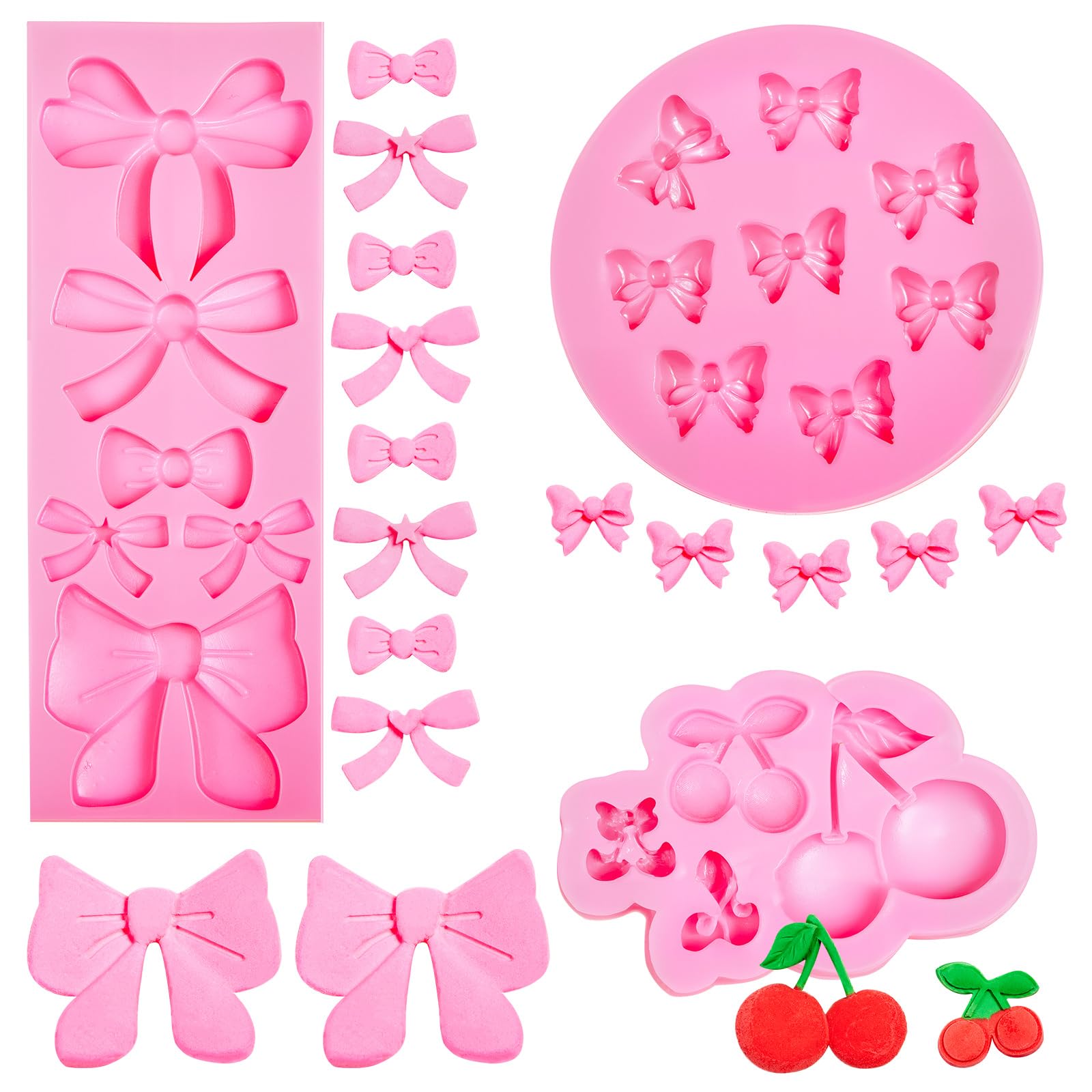 Geiserailie 3 Pack Cherry and Bow Silicone Fondant Mold for Chocolate