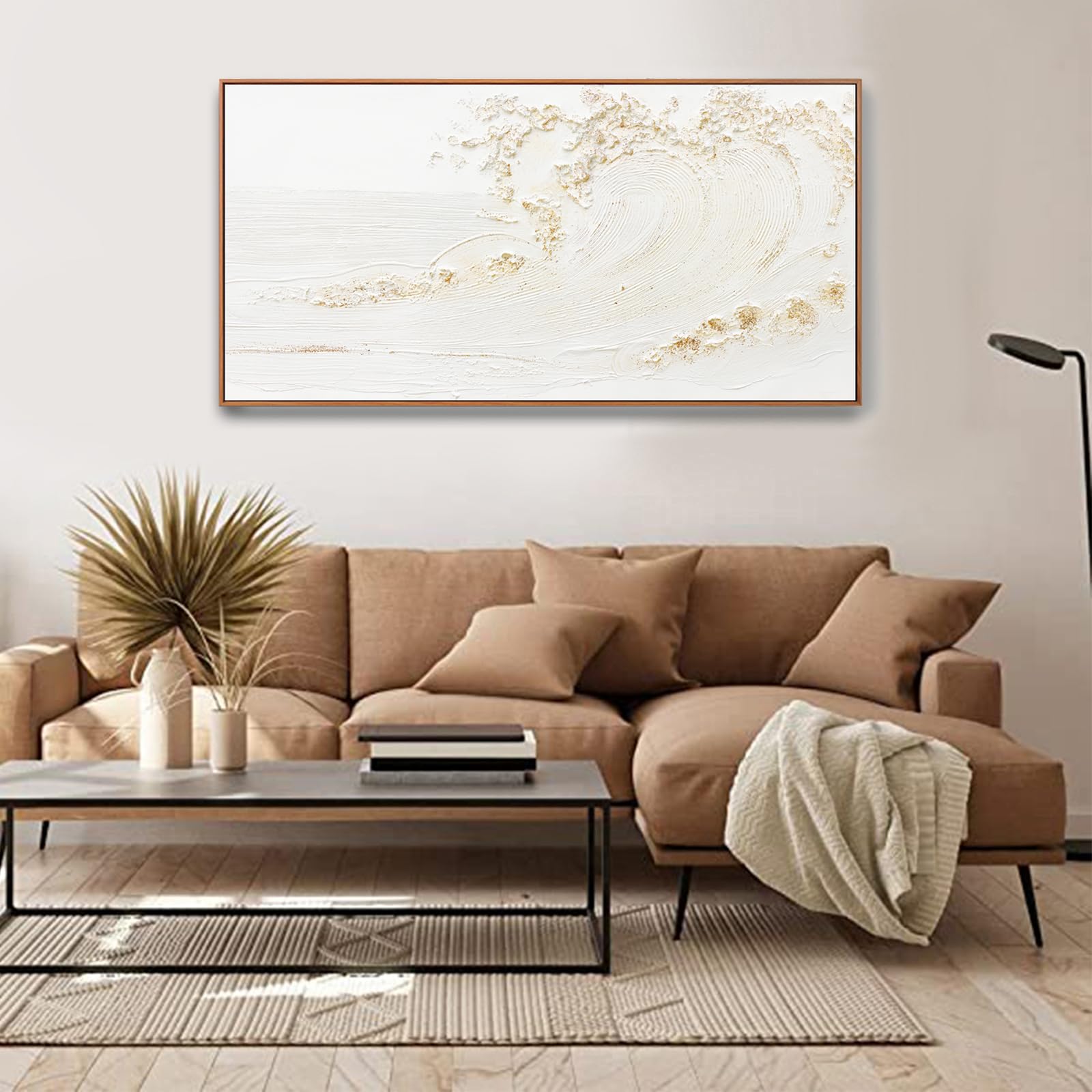 Framed Wall Art Wall Decor Nature Decor Canvas Hand Painted White Wave With Golden Embellishments Artwork Painting Picture For L