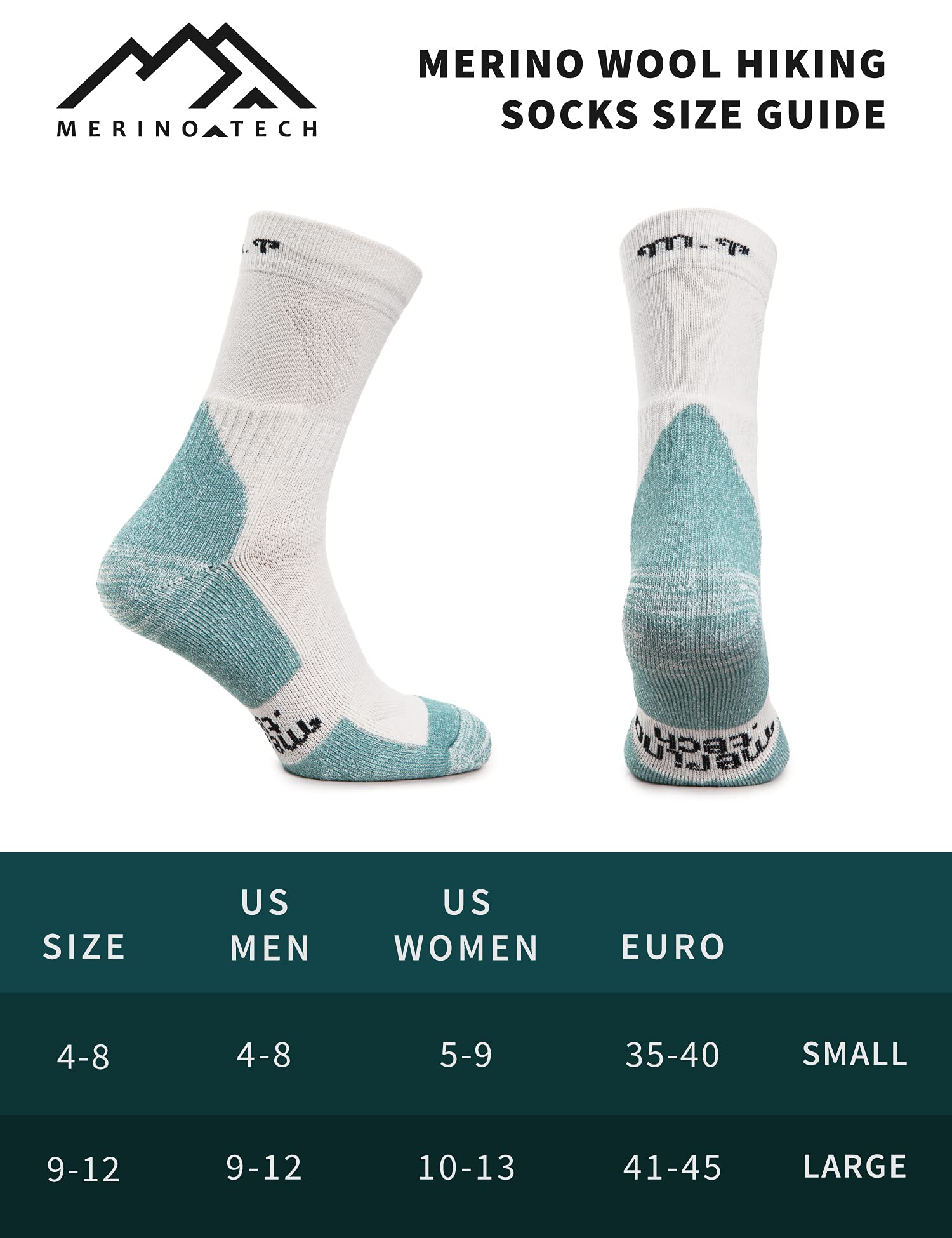 Merinotech Merino Wool Socks For Women And Men - 85 Merino Wool Hiking Socks Crew Style (Mint Icecream Pack Of 2, 4-8)