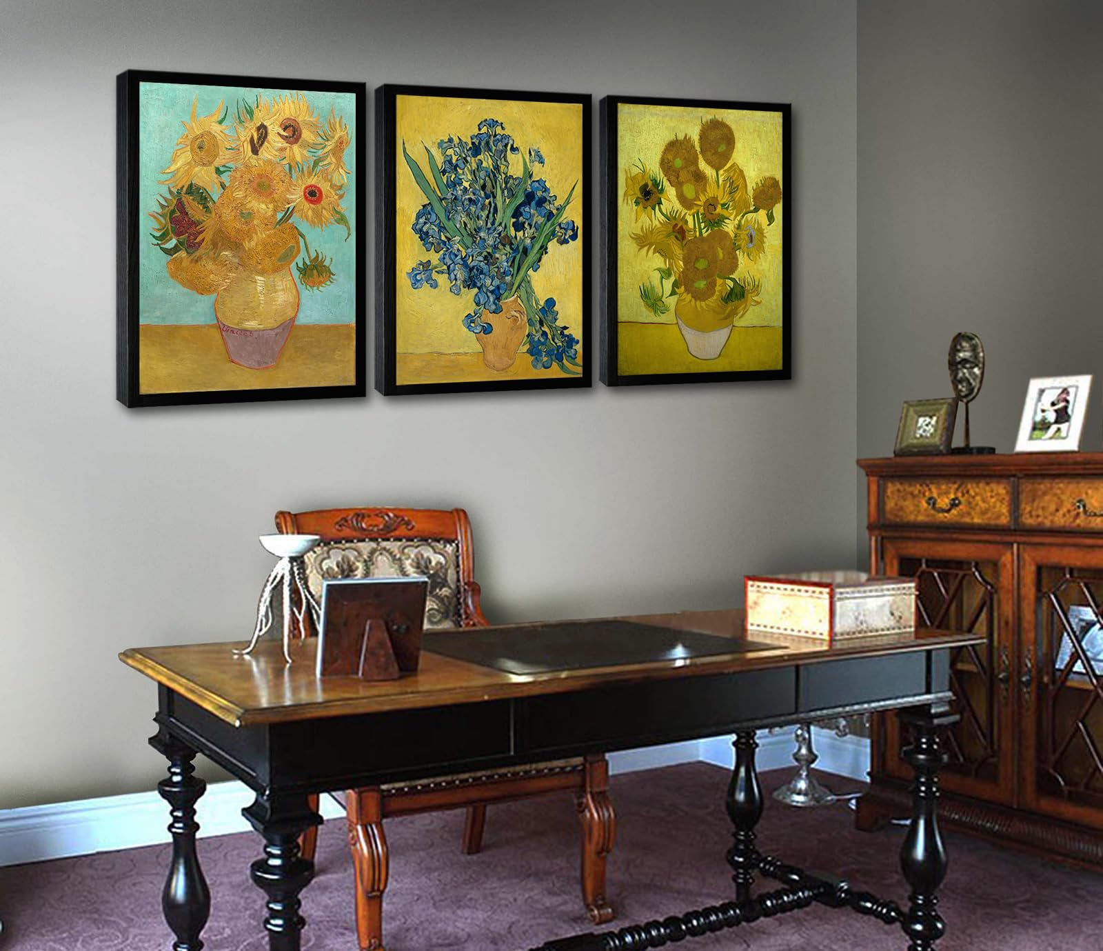 Black Framed Sunflower And Irises By Vincent Van Gogh Oil Paintings Reproduction Modern Floral Canvas Prints Artwork Flowers Pic