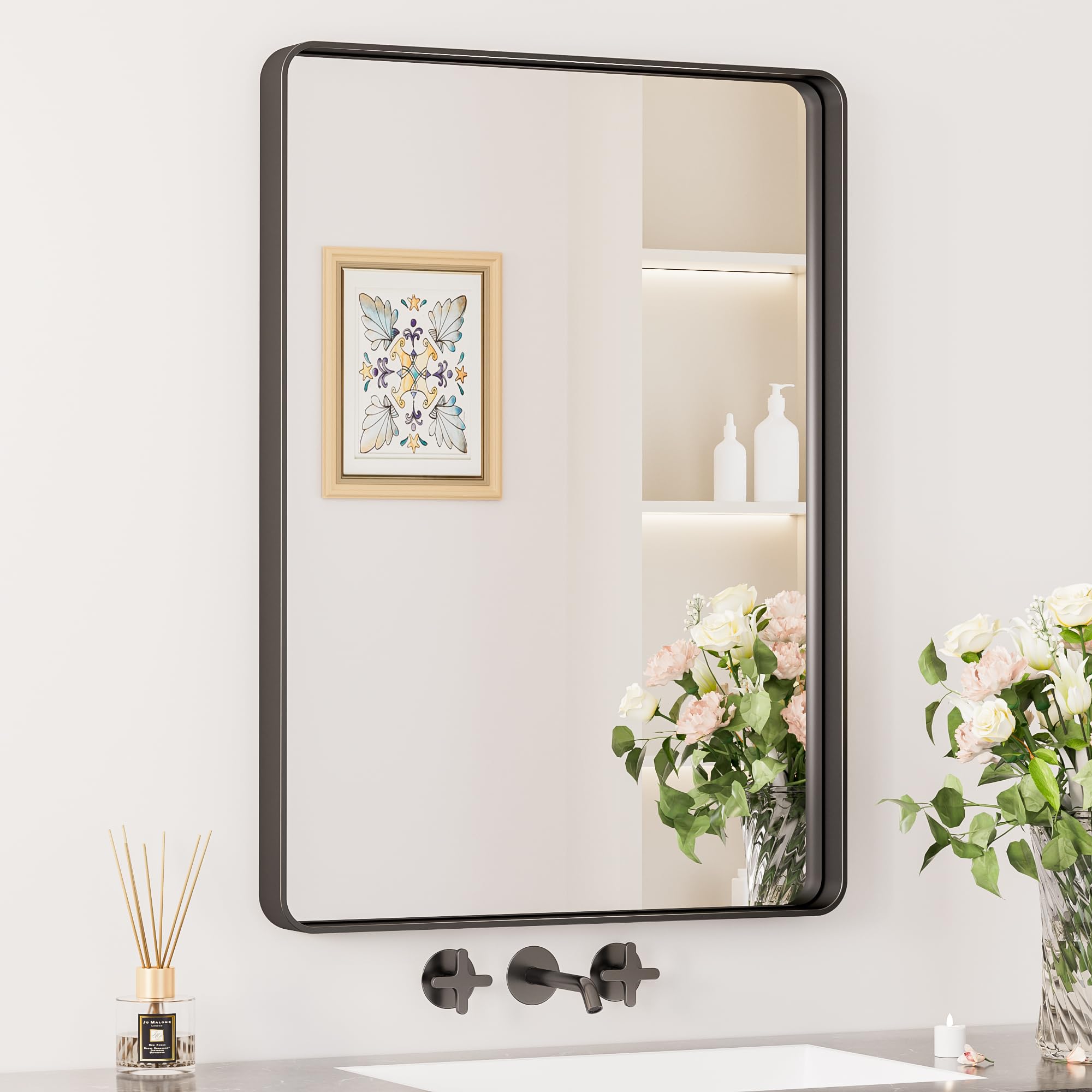 Keonjinn Black Bathroom Mirror, 22 x 30 Inch Rounded Rectangle Matte Black Bathroom Mirrors for Over Sink, Farmhouse Mirror with