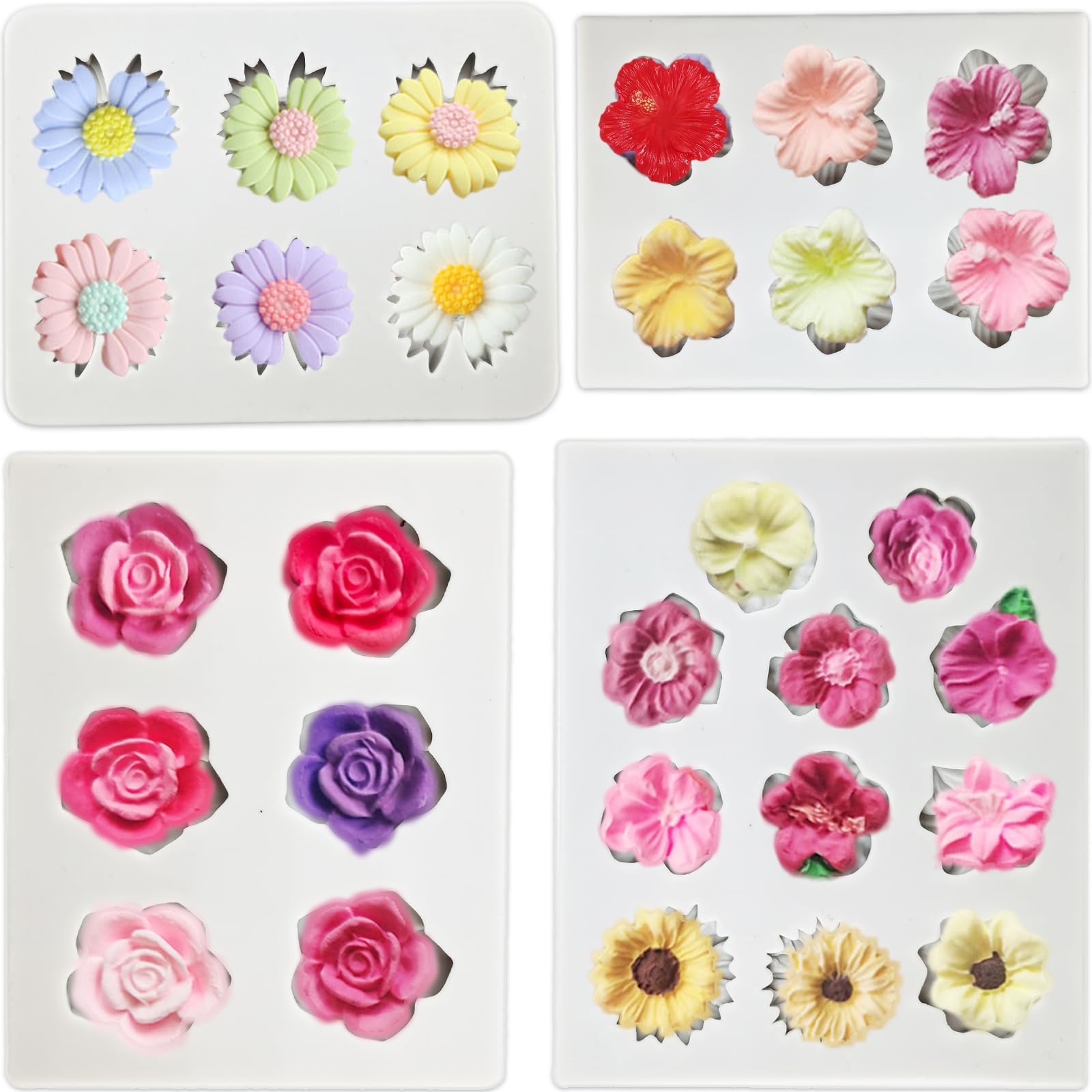 4Pcs Rose Flower Silicone Candy Mold, Daisy Hibiscus Flower Fondant Chocolate Silicone Molds for Cake Decorating, Polymer Clay M