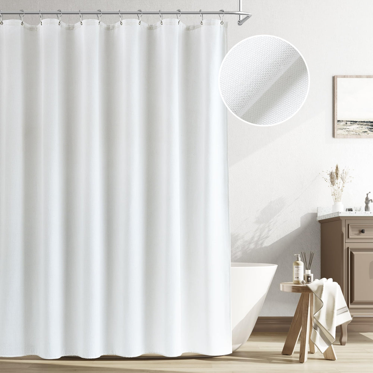 Naturoom White Linen Shower Curtain, Cloth Textured Fabric Shower Curtain Set With Hooks, Simple Elegant Modern Farmhouse Countr