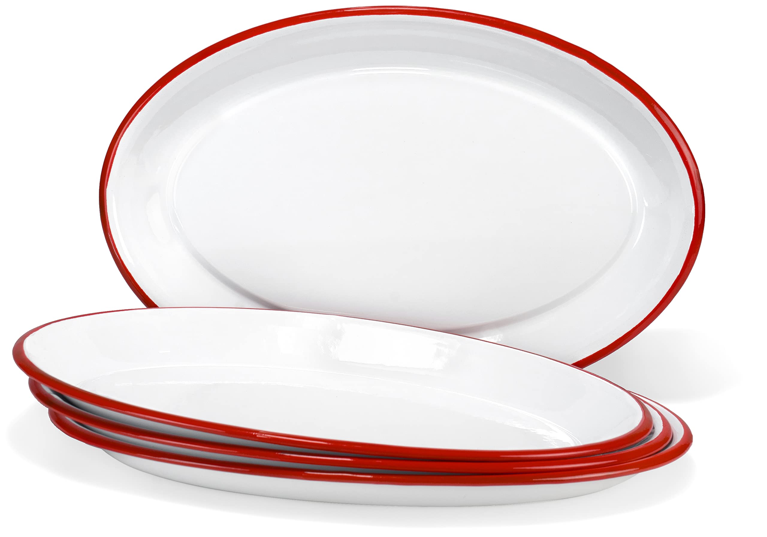 Red Co. Set of 4 Enamelware Metal Classic 13 Serving Oval Tray Platter, Solid White/Red Rim