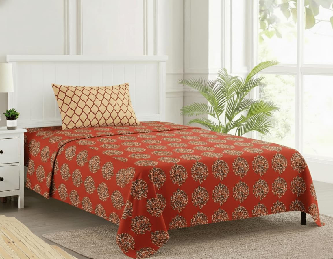 Trance Home Linen 200 Tc | 100% Cotton Anti Fade Single Bedsheet | Rotary Printed Flat Bedsheet With 1 Pillow Cover (60X100 Inch