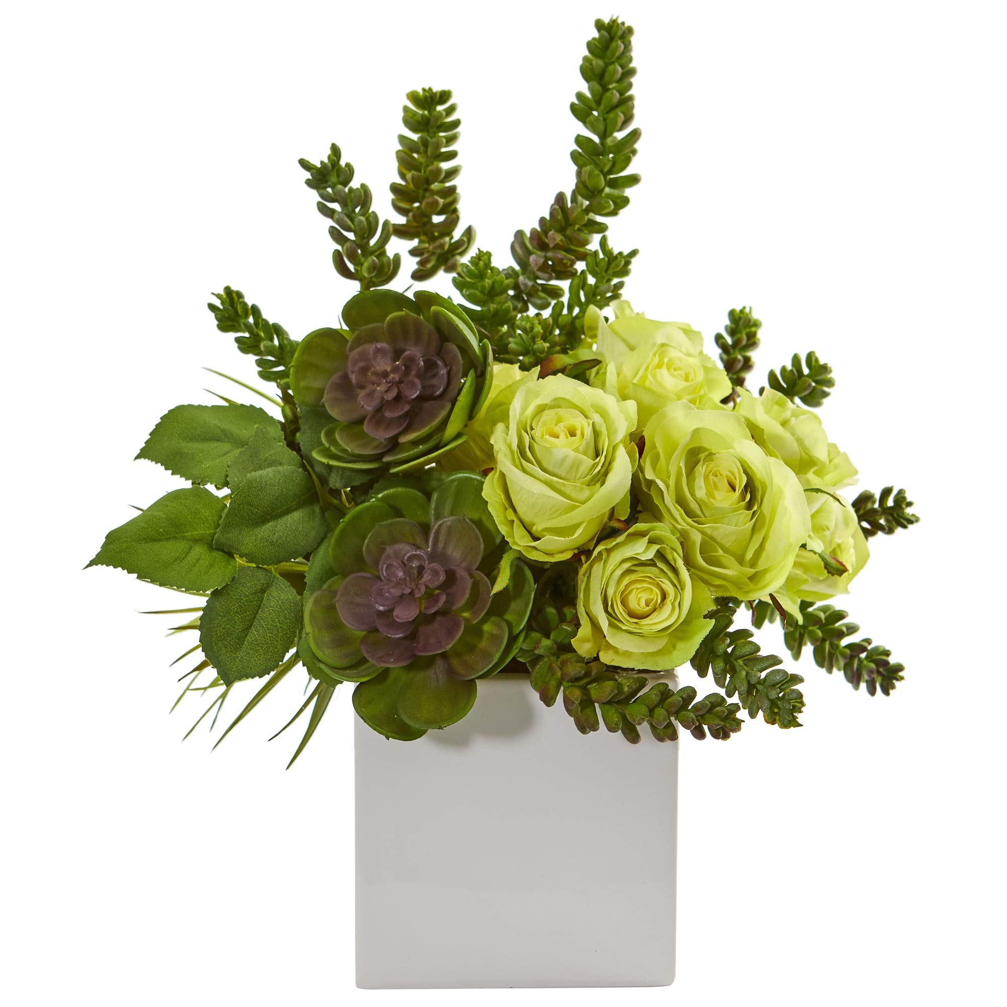 Nearly Natural 14-in. Rose & Succulent Artificial White Vase Silk Arrangements Green