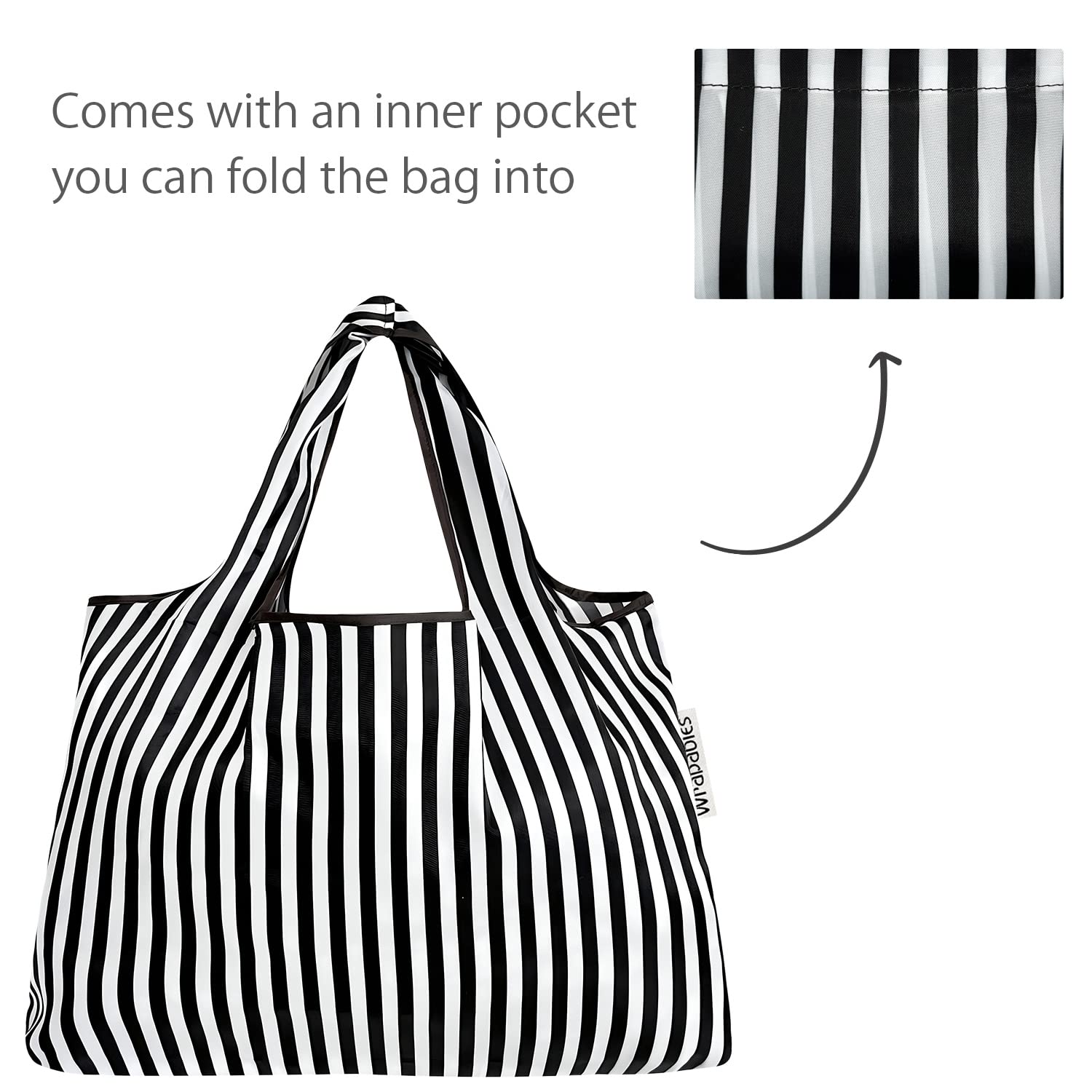 Allydrew Large & Small Foldable Tote Nylon Reusable Grocery Bags, Set Of 2, Black Stripes